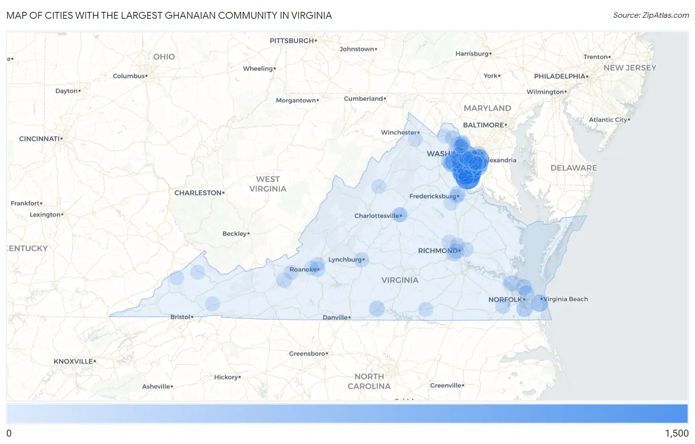 Cities with the Largest Ghanaian Community in Virginia Map