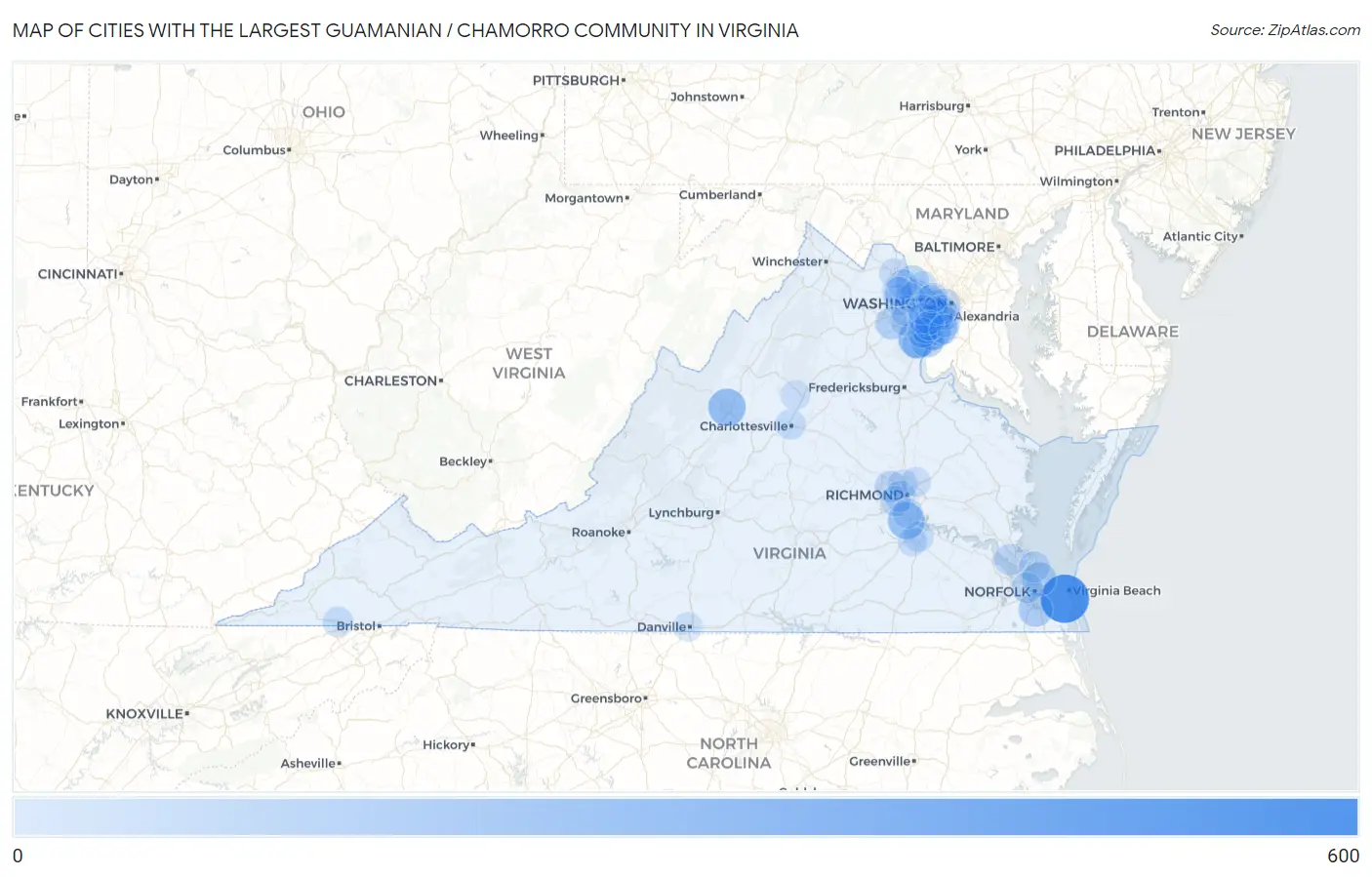 Cities with the Largest Guamanian / Chamorro Community in Virginia Map