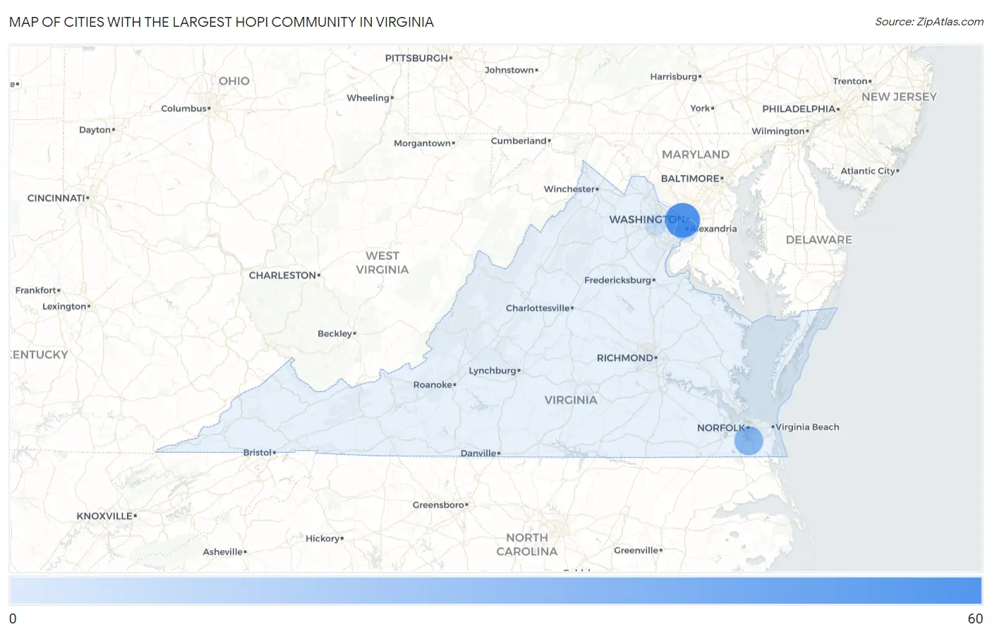 Cities with the Largest Hopi Community in Virginia Map