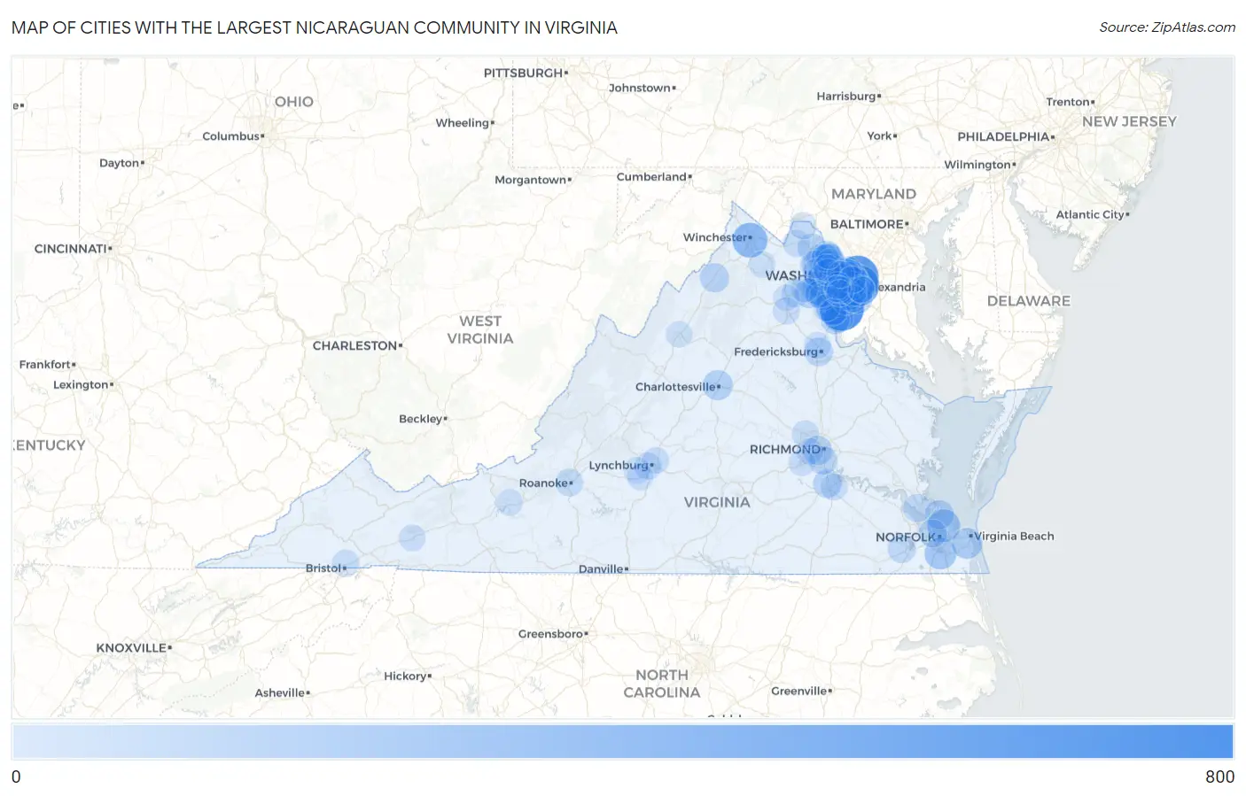 Cities with the Largest Nicaraguan Community in Virginia Map