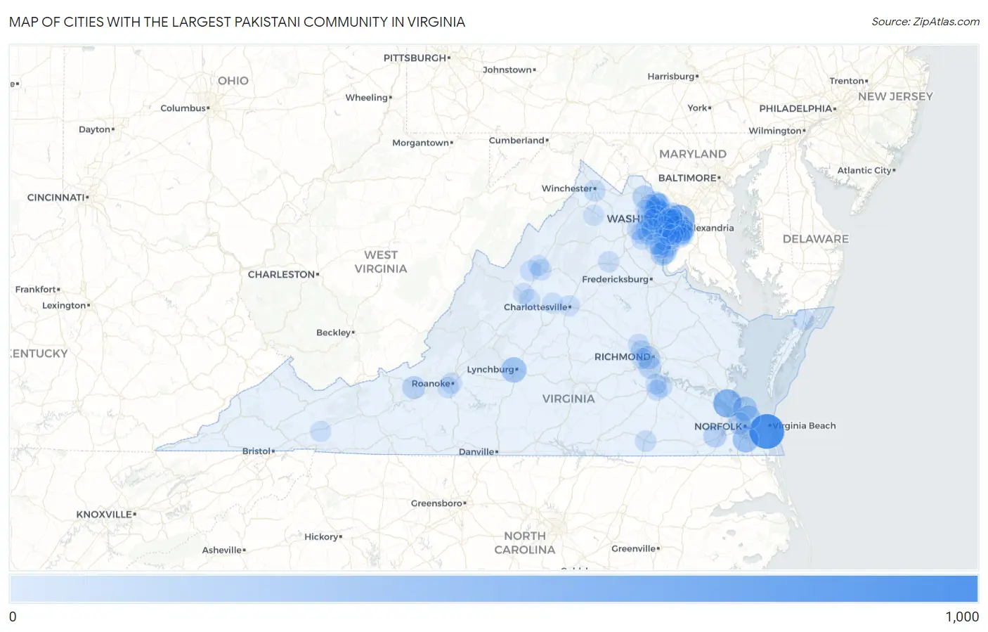 Cities with the Largest Pakistani Community in Virginia Map