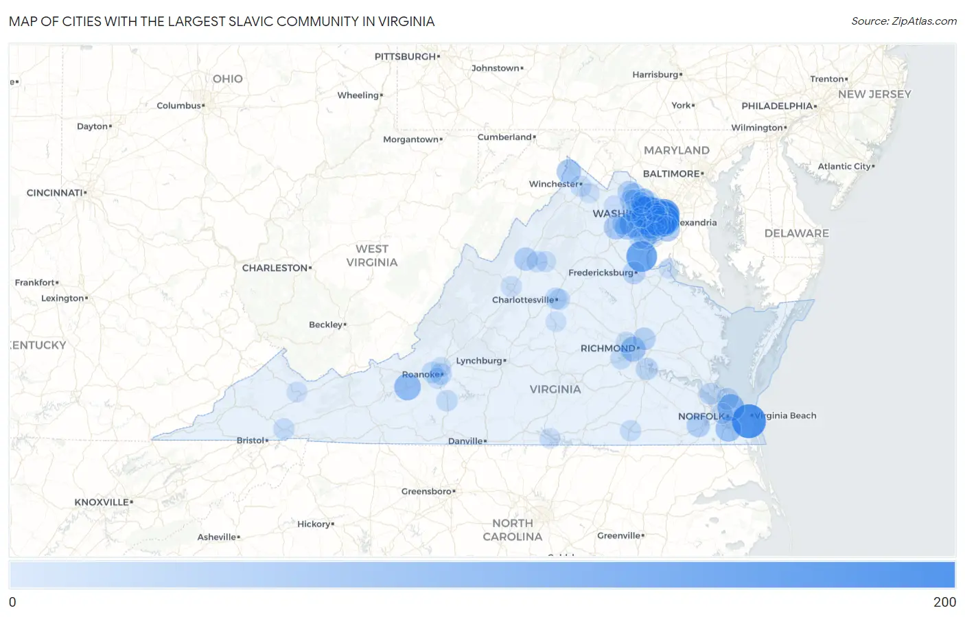 Cities with the Largest Slavic Community in Virginia Map