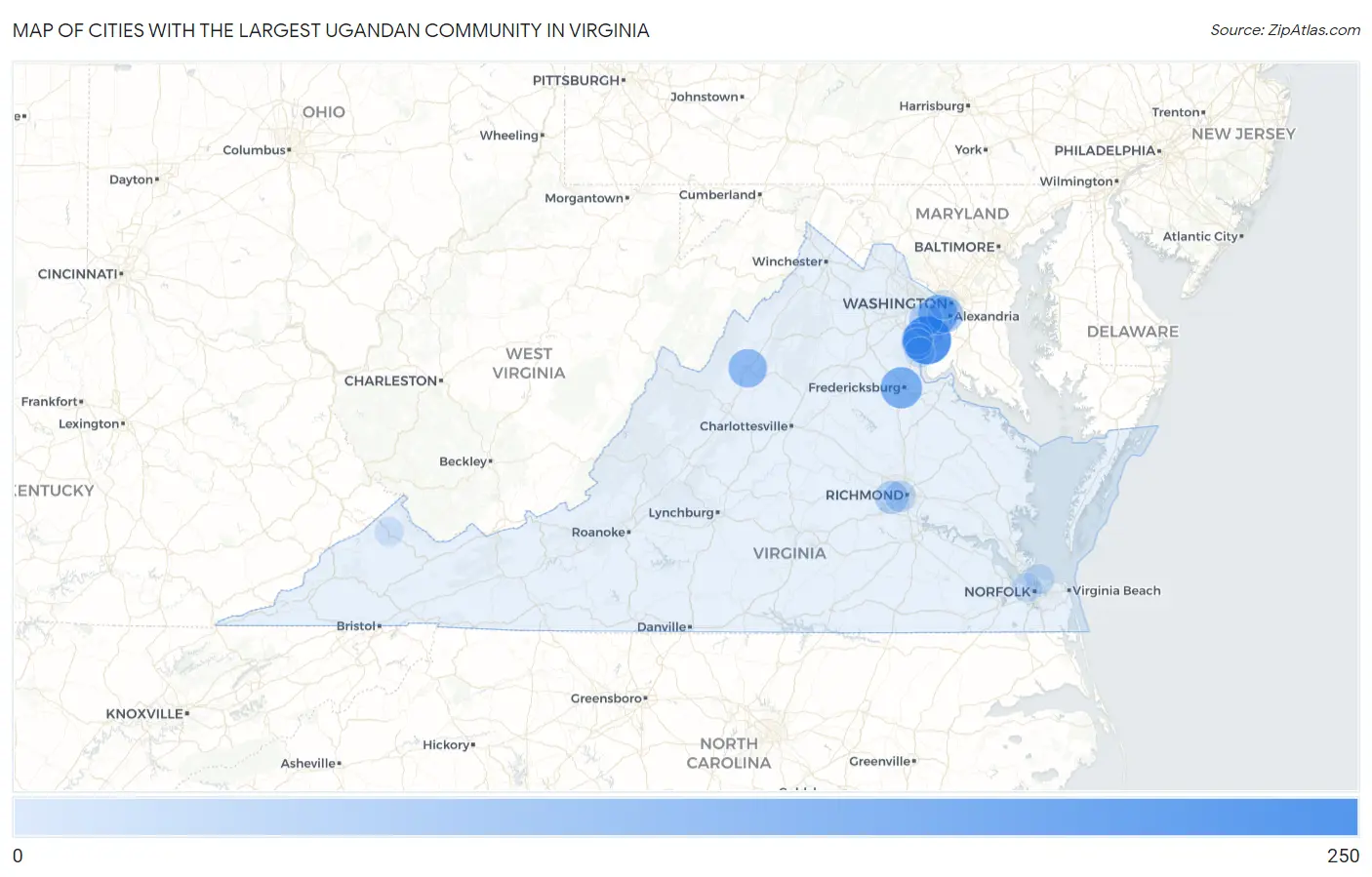 Cities with the Largest Ugandan Community in Virginia Map