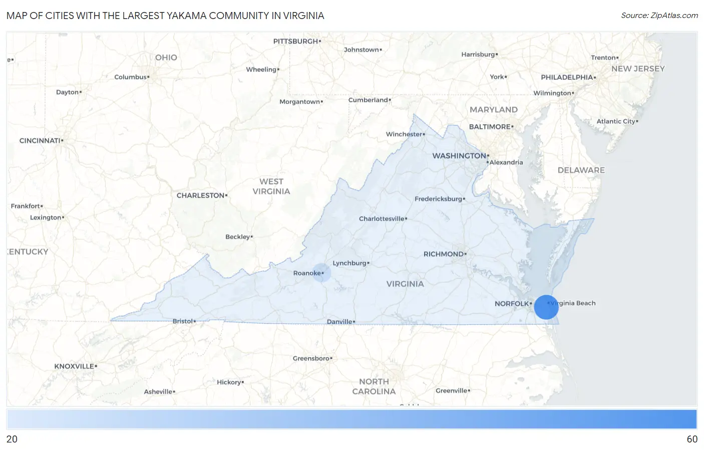 Cities with the Largest Yakama Community in Virginia Map