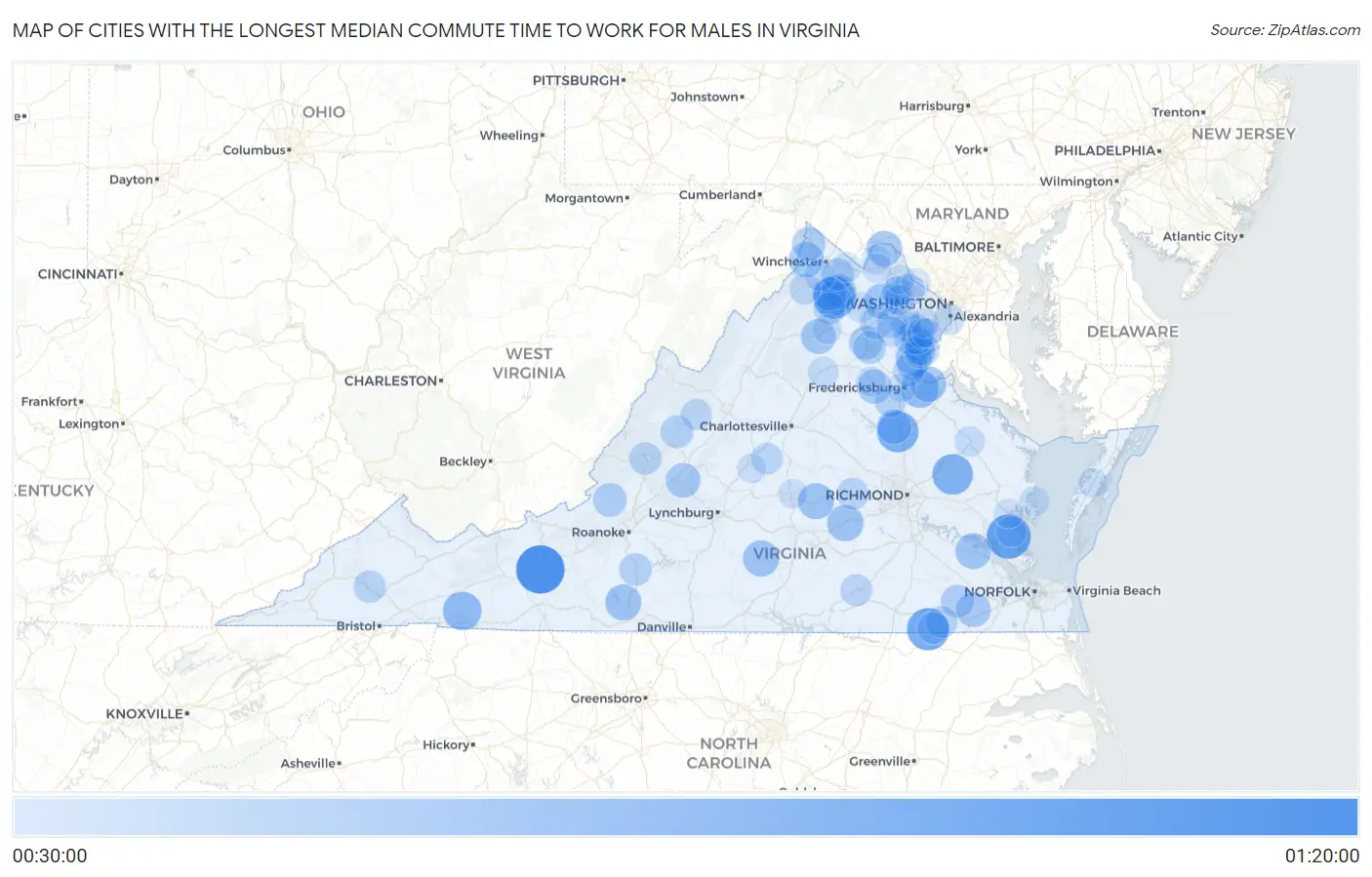Cities with the Longest Median Commute Time to Work for Males in Virginia Map
