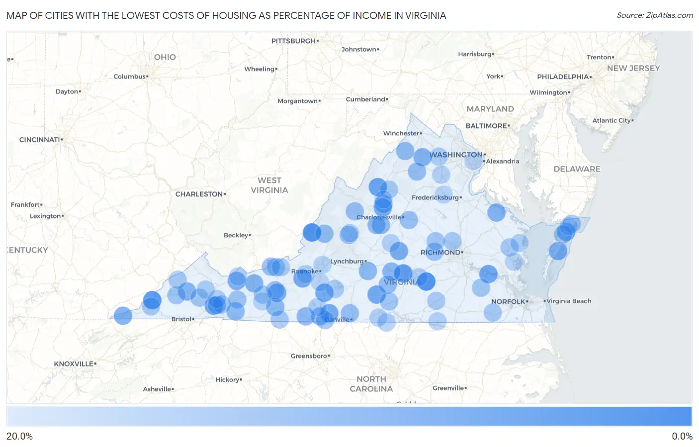 Cities with the Lowest Costs of Housing as Percentage of Income in Virginia Map