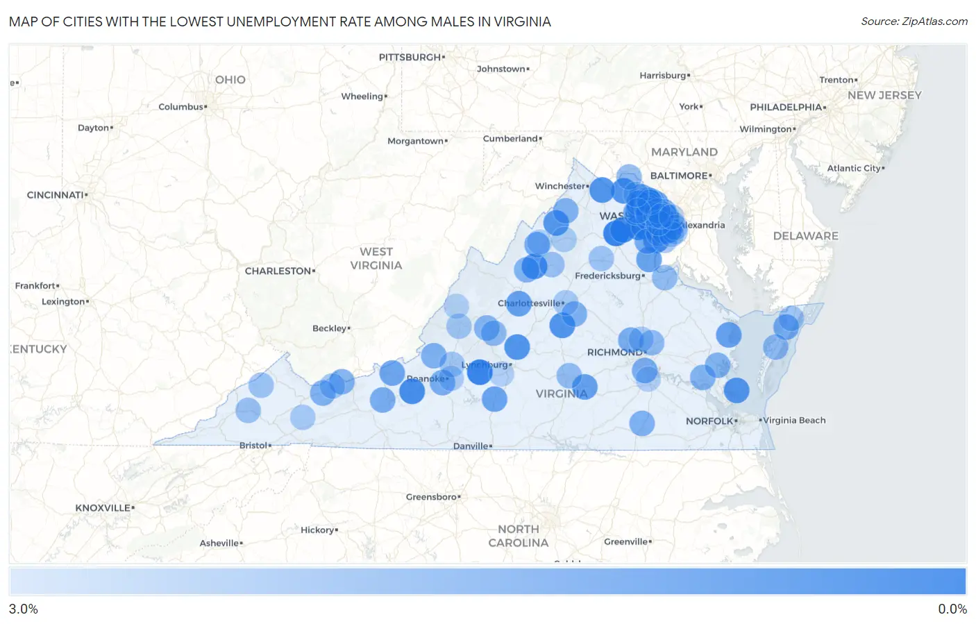 Cities with the Lowest Unemployment Rate Among Males in Virginia Map