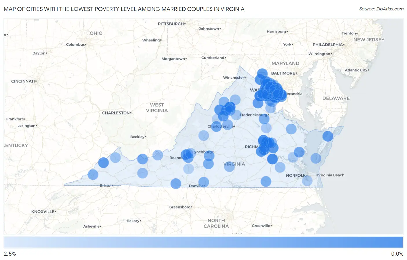Cities with the Lowest Poverty Level Among Married Couples in Virginia Map