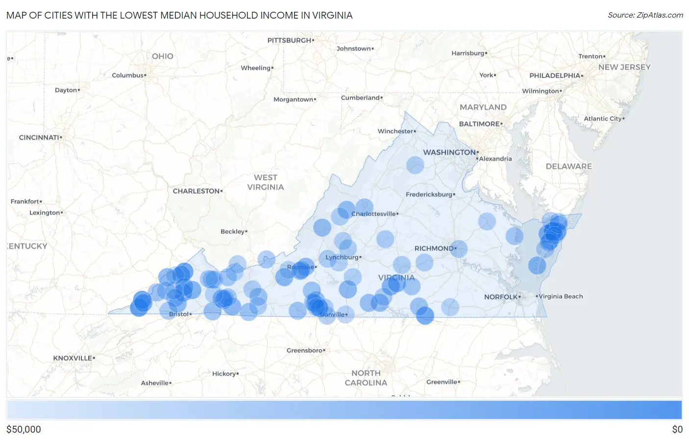 Cities with the Lowest Median Household Income in Virginia Map