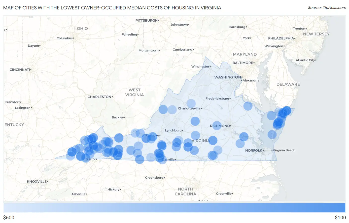 Cities with the Lowest Owner-Occupied Median Costs of Housing in Virginia Map