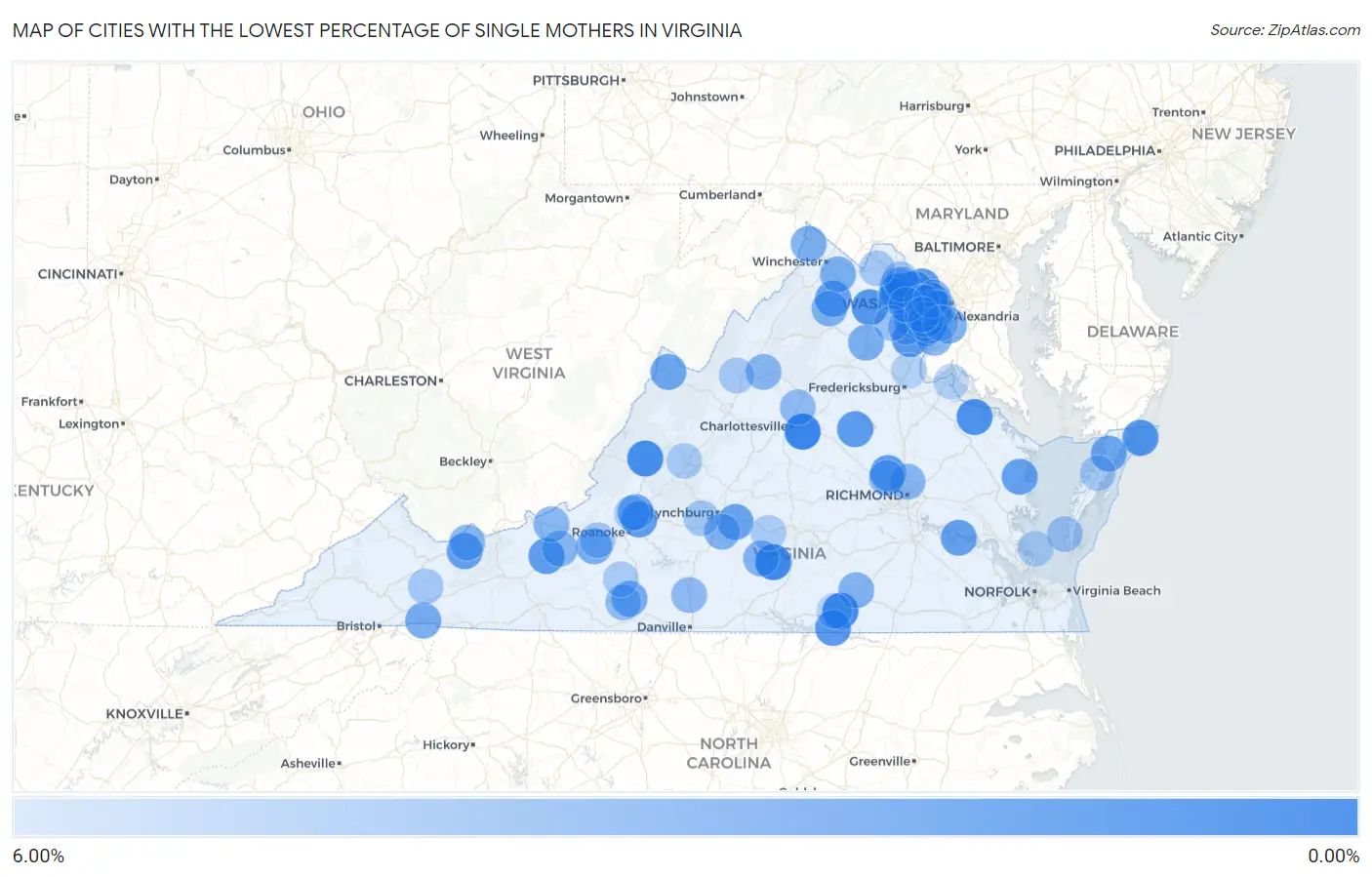 Cities with the Lowest Percentage of Single Mothers in Virginia Map