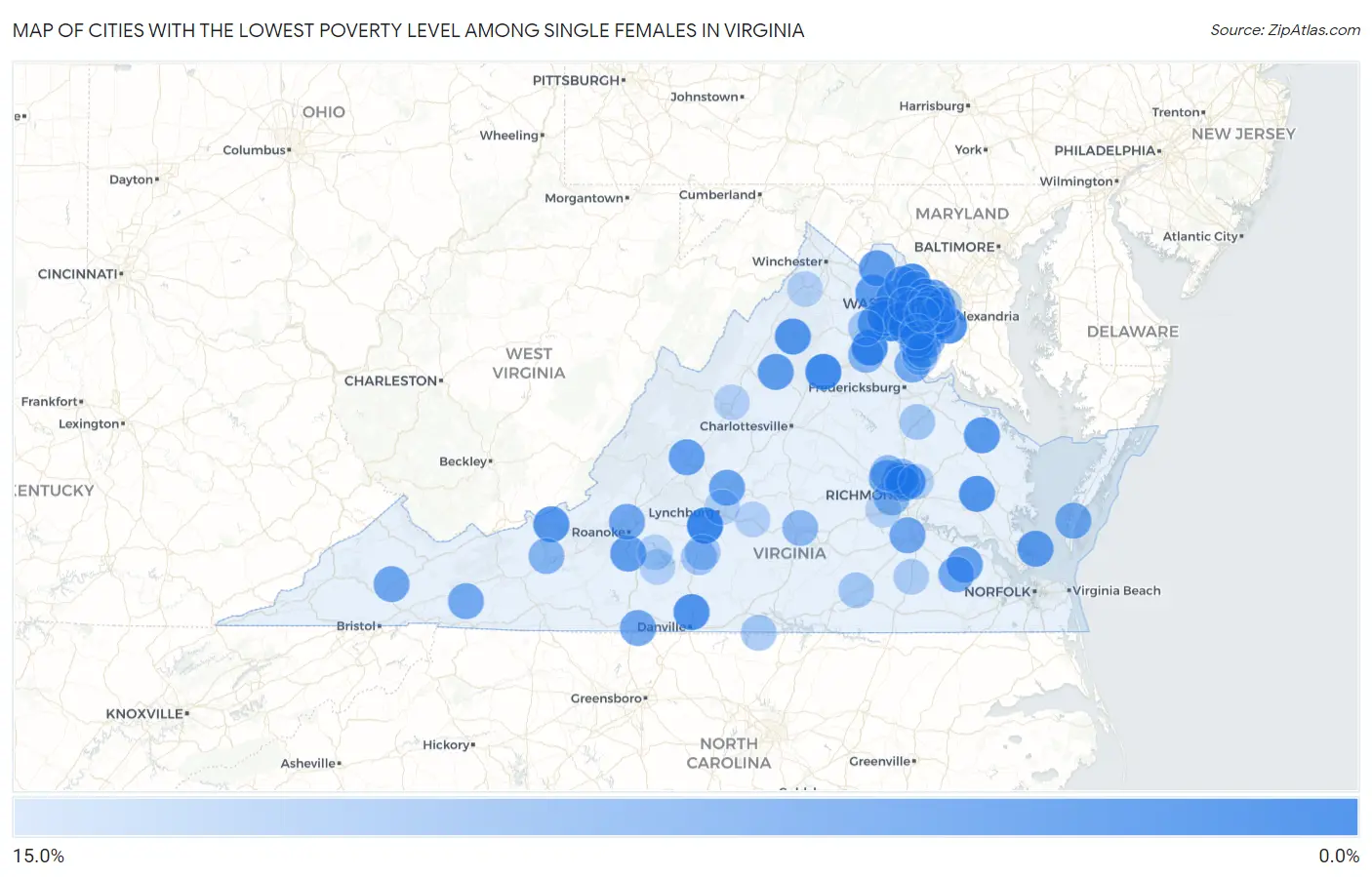 Cities with the Lowest Poverty Level Among Single Females in Virginia Map