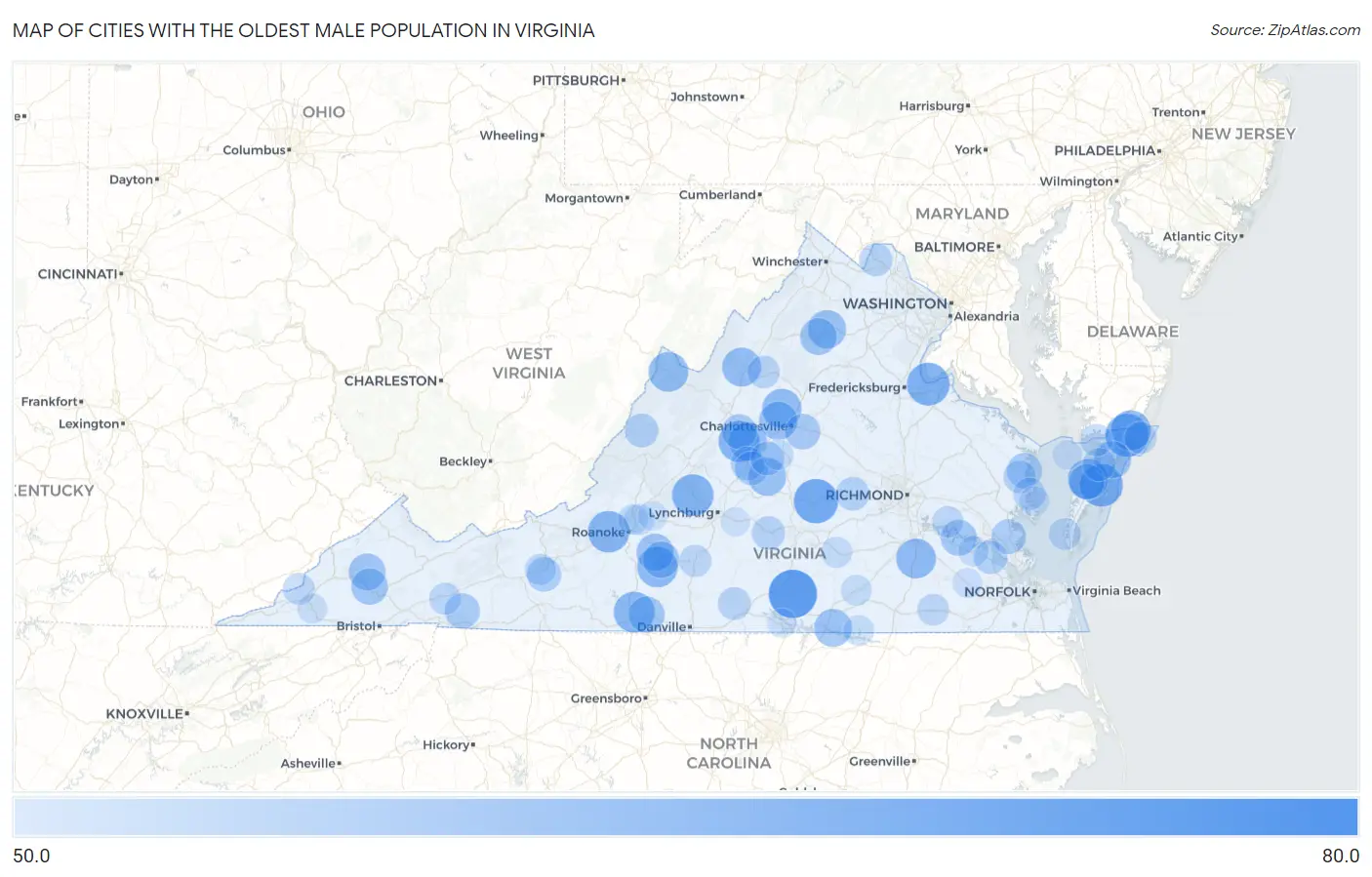 Cities with the Oldest Male Population in Virginia Map