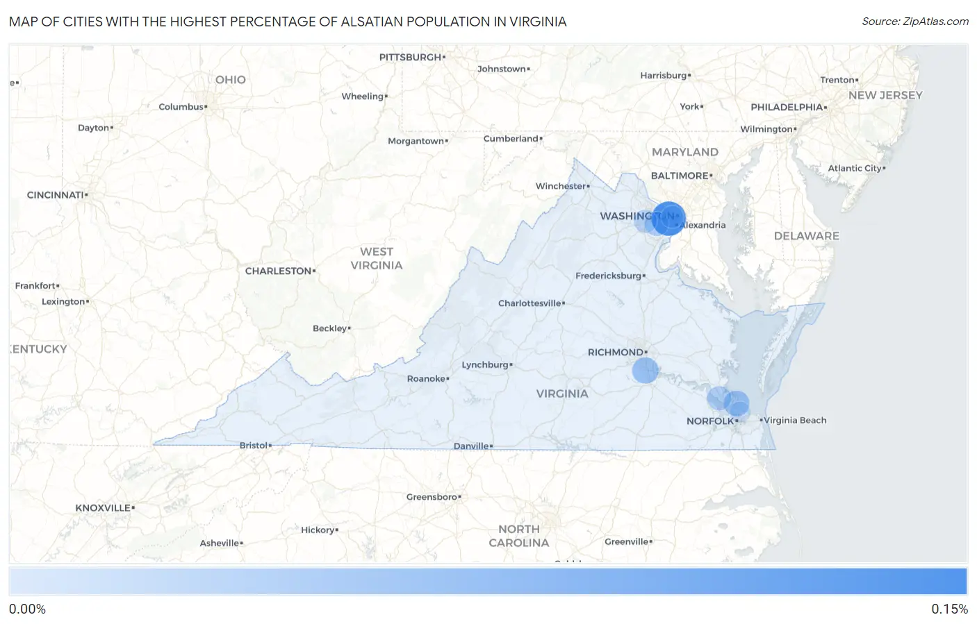 Cities with the Highest Percentage of Alsatian Population in Virginia Map