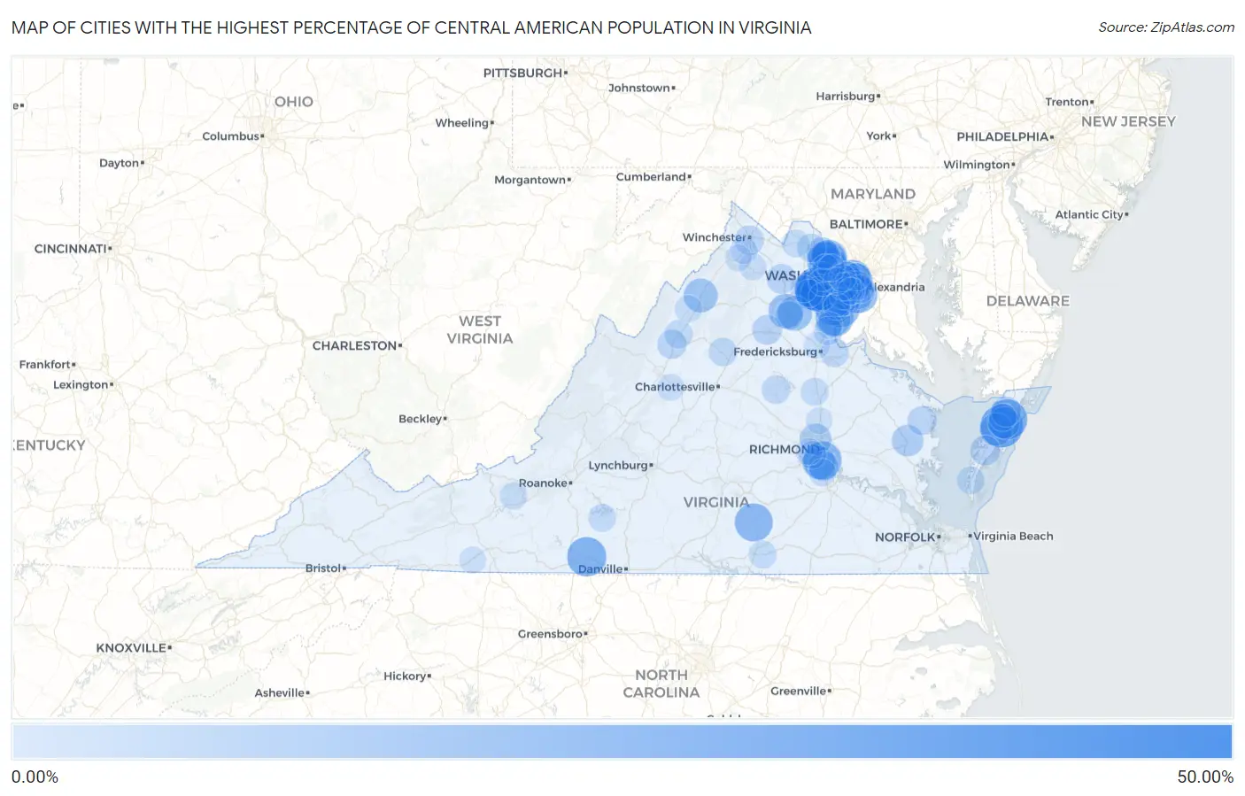 Cities with the Highest Percentage of Central American Population in Virginia Map