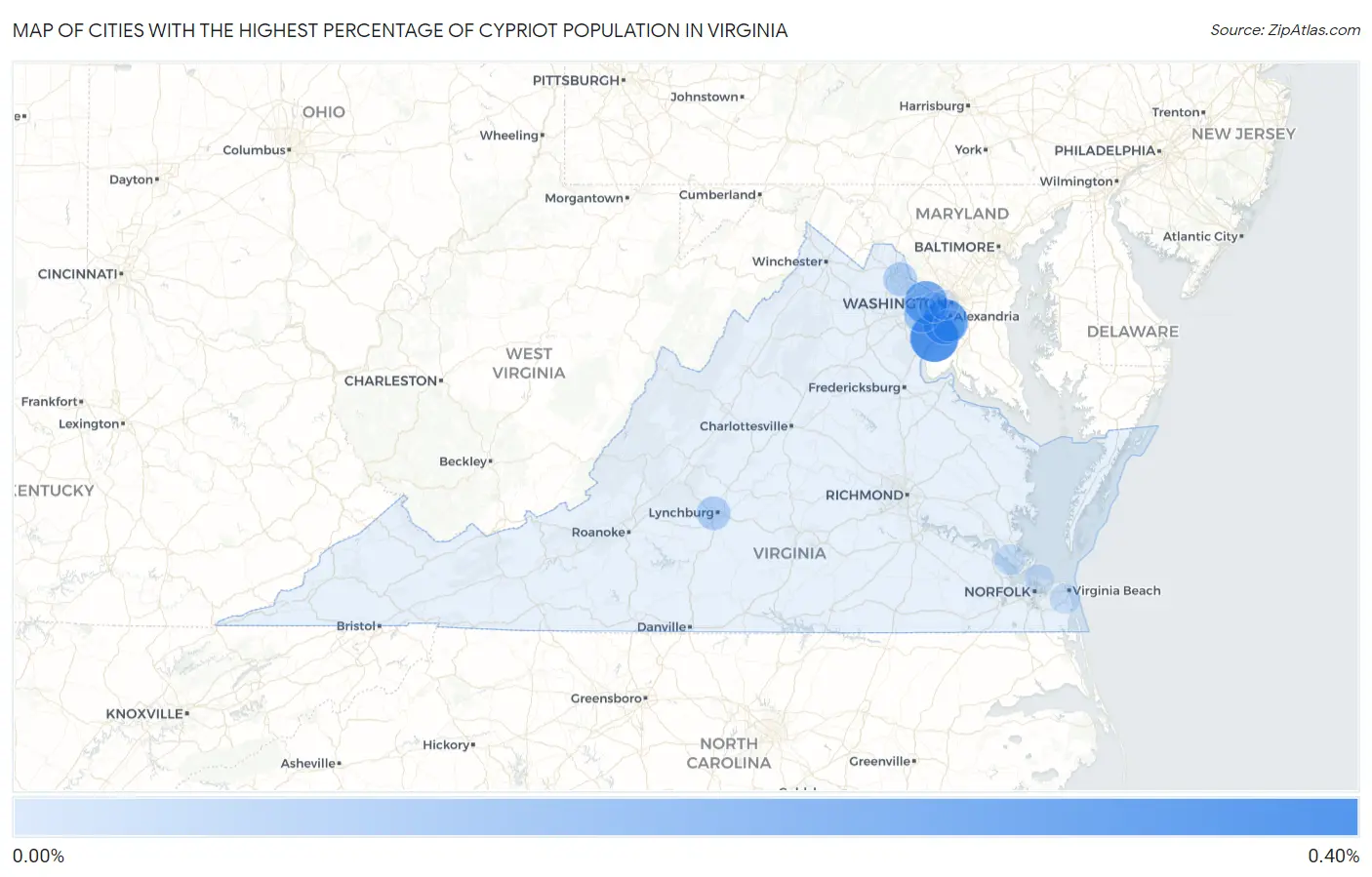 Cities with the Highest Percentage of Cypriot Population in Virginia Map