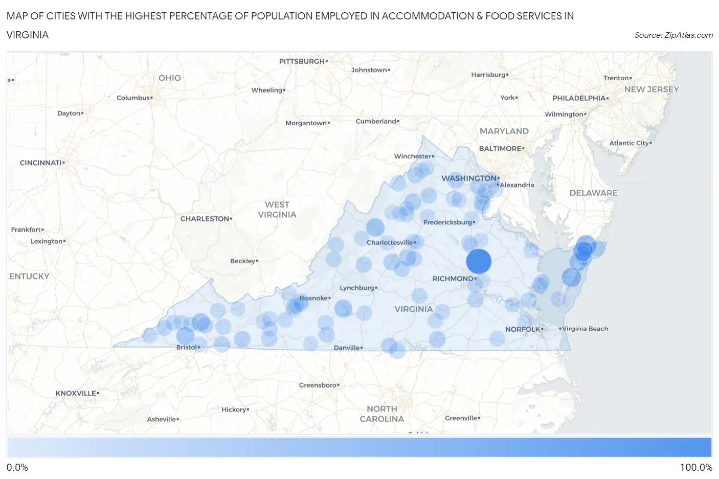 Cities with the Highest Percentage of Population Employed in Accommodation & Food Services in Virginia Map