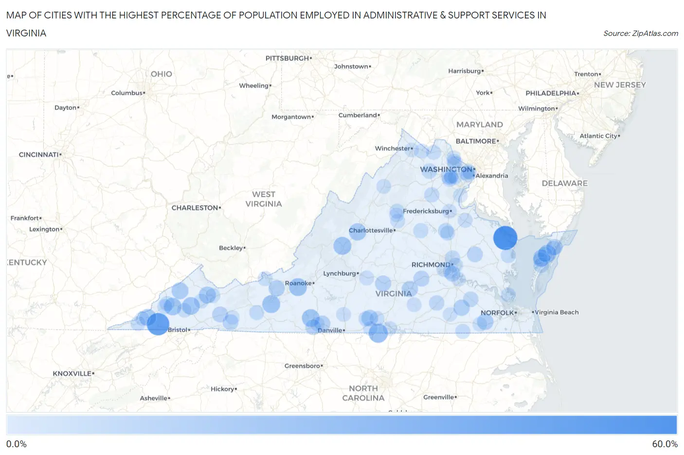 Cities with the Highest Percentage of Population Employed in Administrative & Support Services in Virginia Map