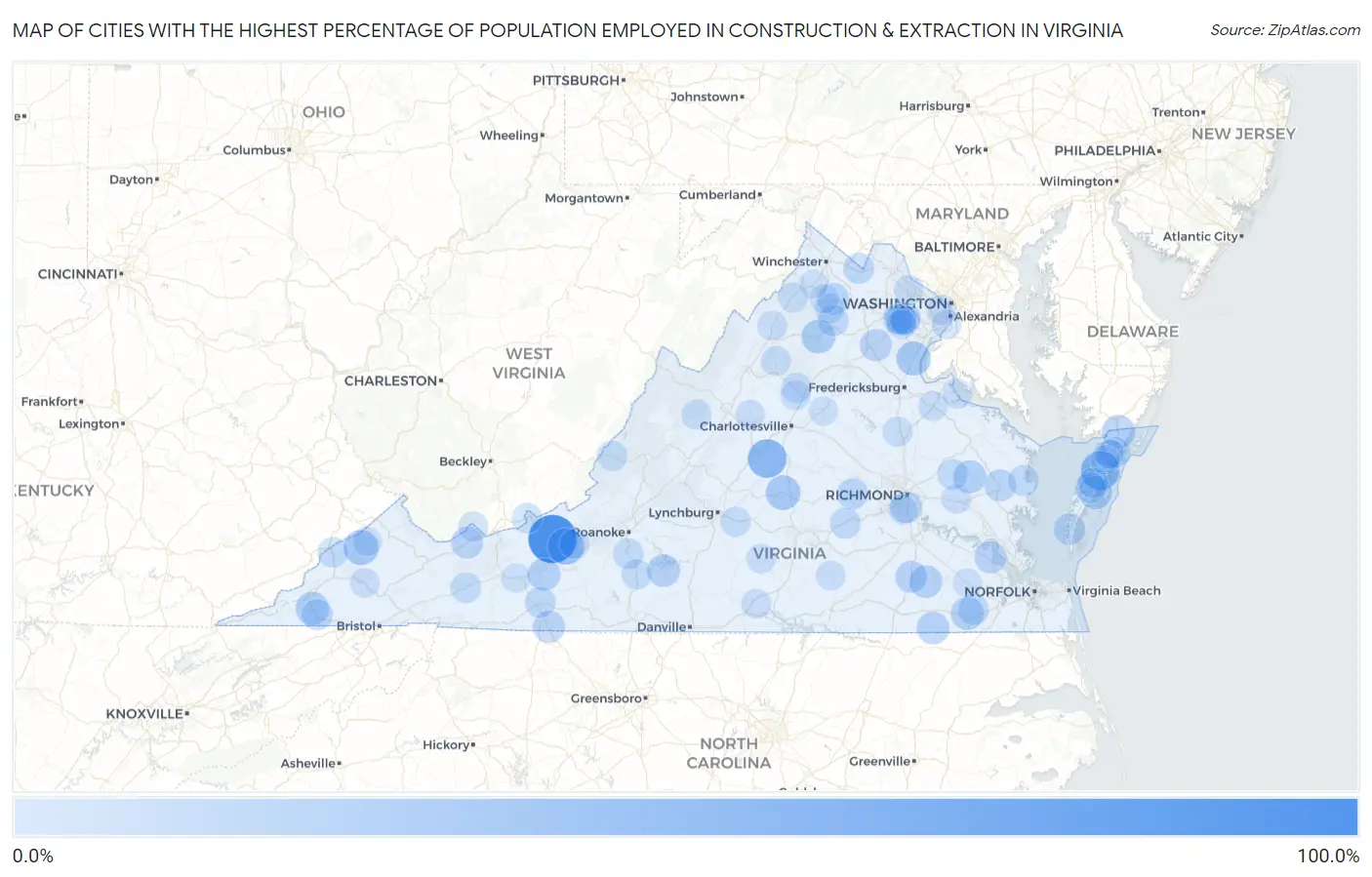 Cities with the Highest Percentage of Population Employed in Construction & Extraction in Virginia Map