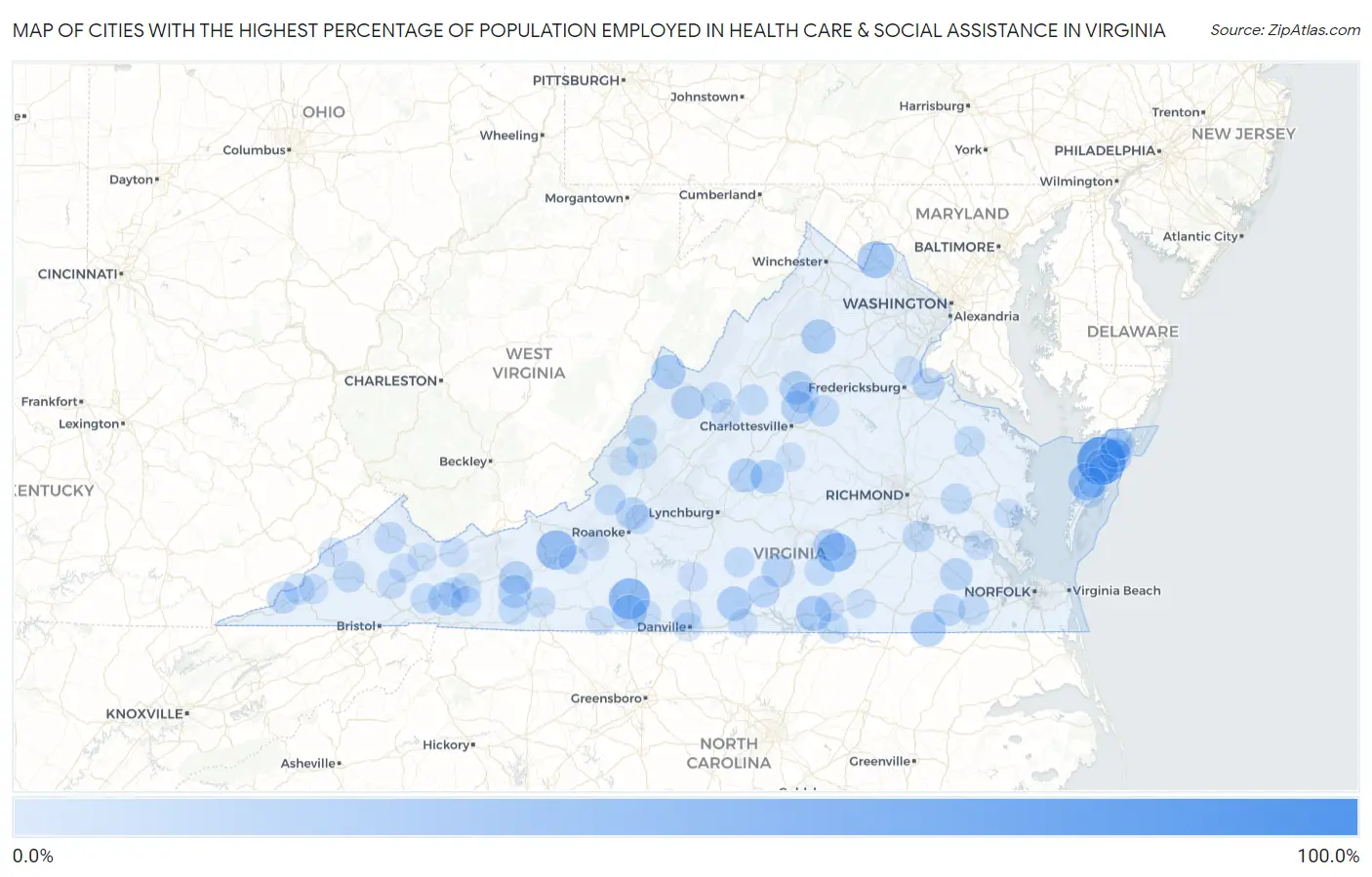 Cities with the Highest Percentage of Population Employed in Health Care & Social Assistance in Virginia Map