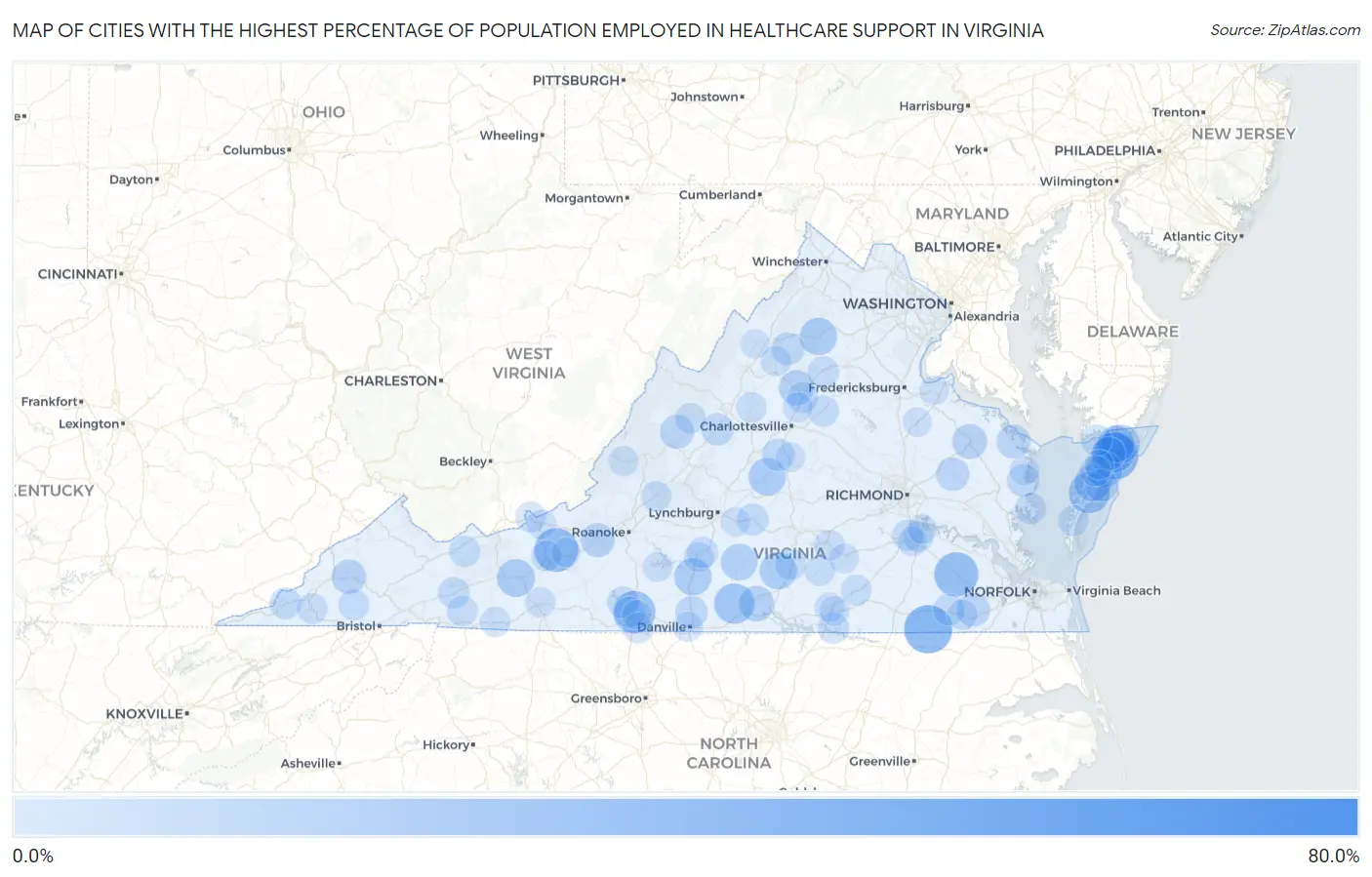 Cities with the Highest Percentage of Population Employed in Healthcare Support in Virginia Map