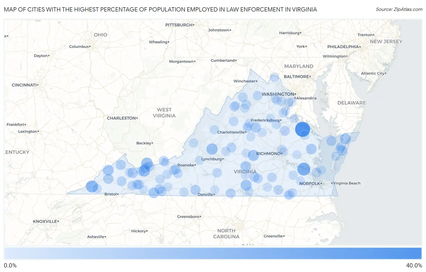 Cities with the Highest Percentage of Population Employed in Law Enforcement in Virginia Map