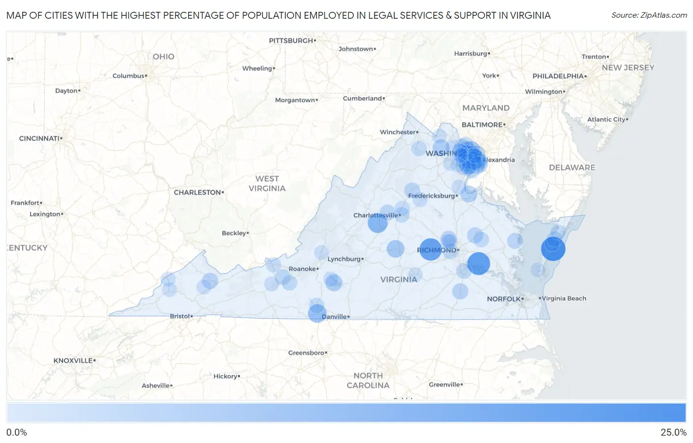 Cities with the Highest Percentage of Population Employed in Legal Services & Support in Virginia Map