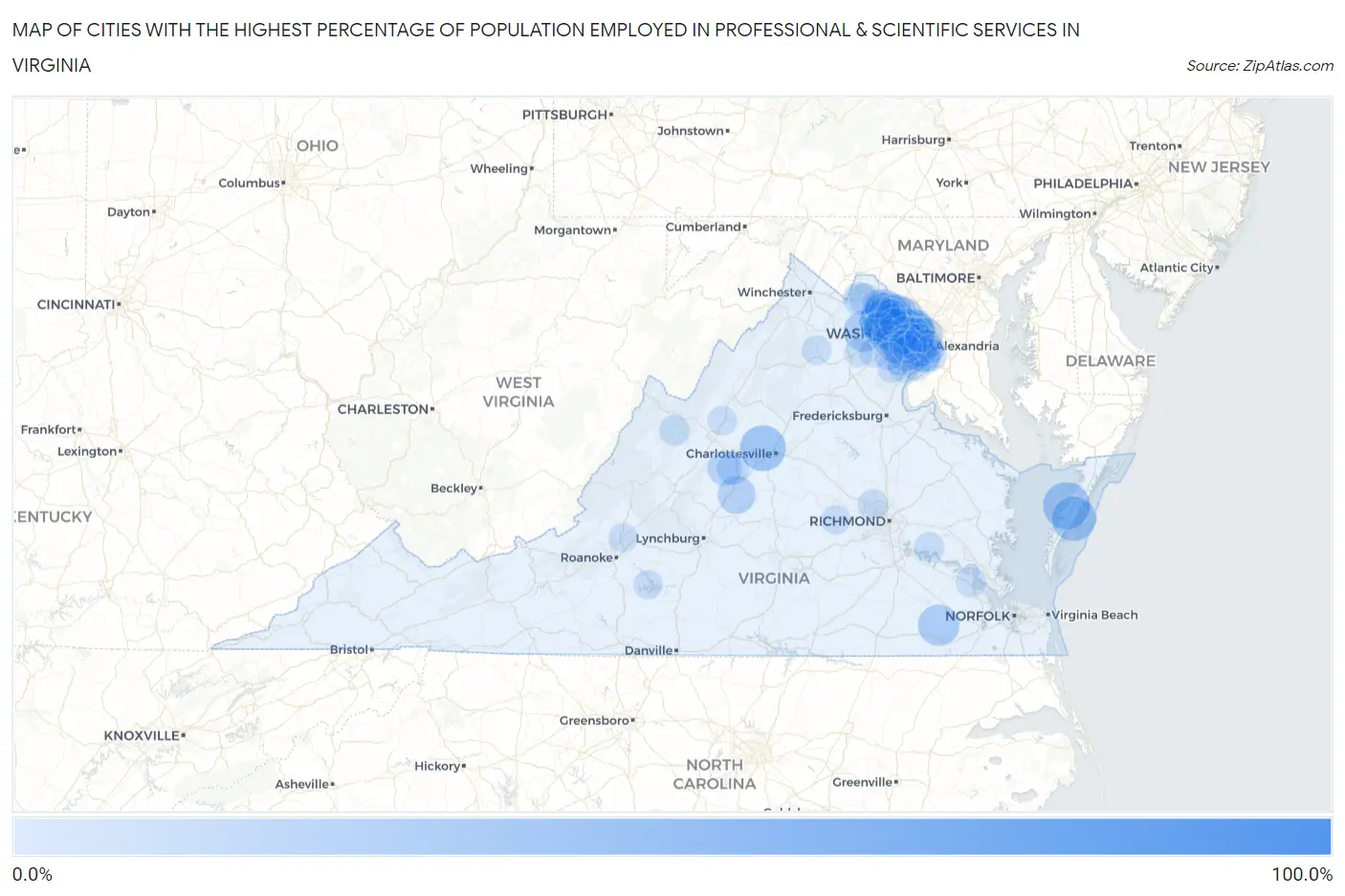 Cities with the Highest Percentage of Population Employed in Professional & Scientific Services in Virginia Map