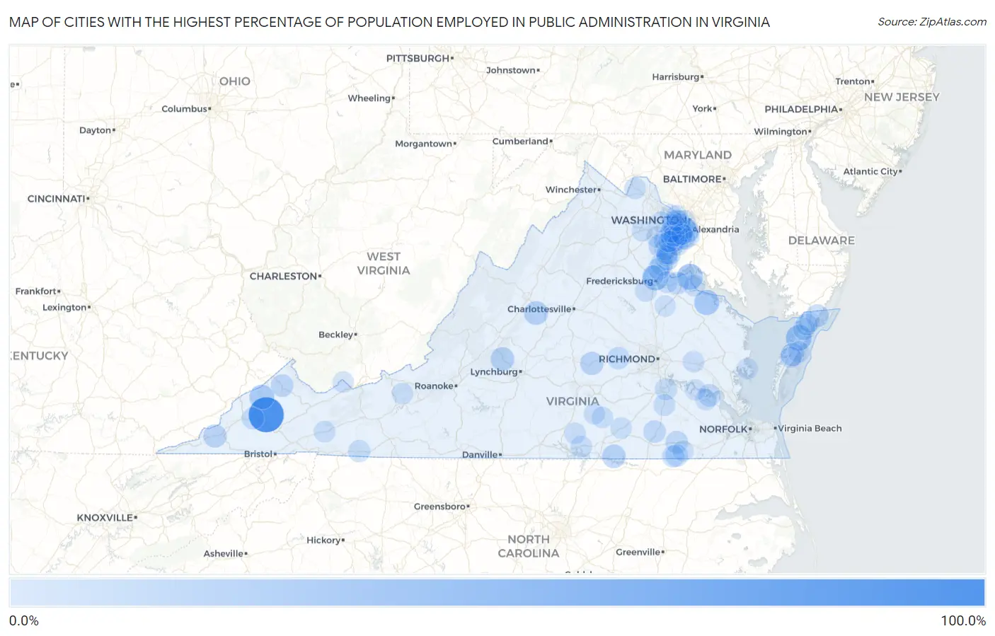 Cities with the Highest Percentage of Population Employed in Public Administration in Virginia Map
