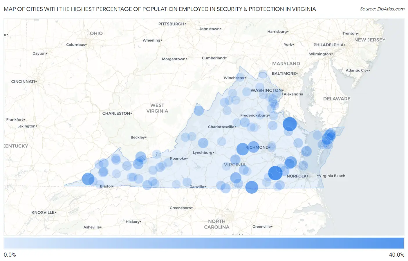 Cities with the Highest Percentage of Population Employed in Security & Protection in Virginia Map