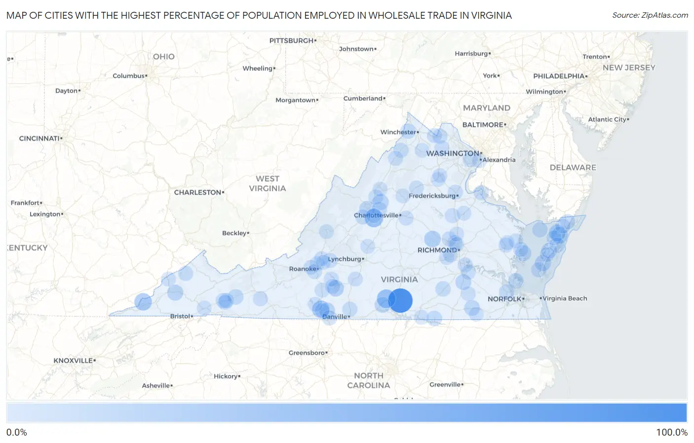 Cities with the Highest Percentage of Population Employed in Wholesale Trade in Virginia Map