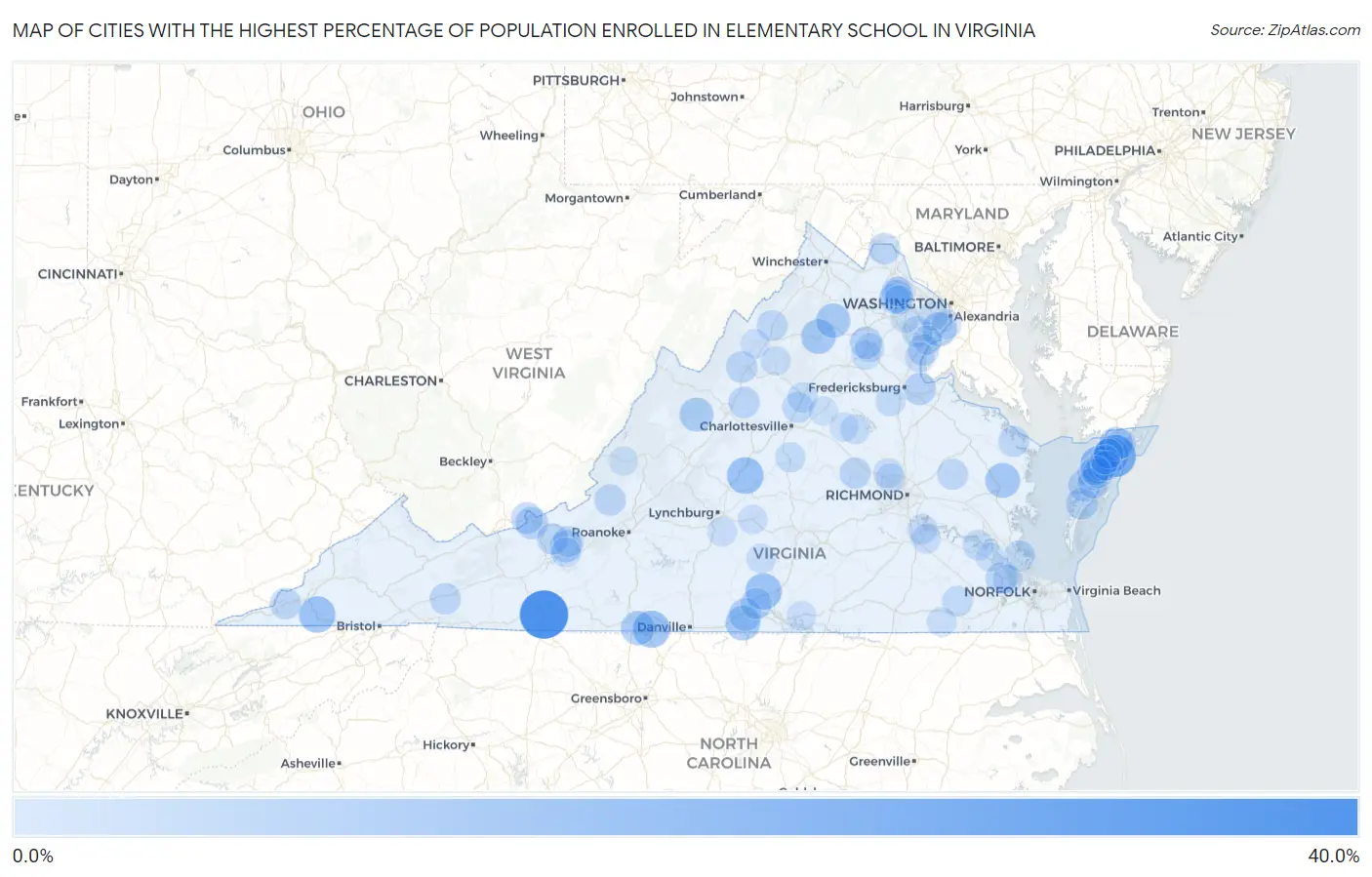 Cities with the Highest Percentage of Population Enrolled in Elementary School in Virginia Map