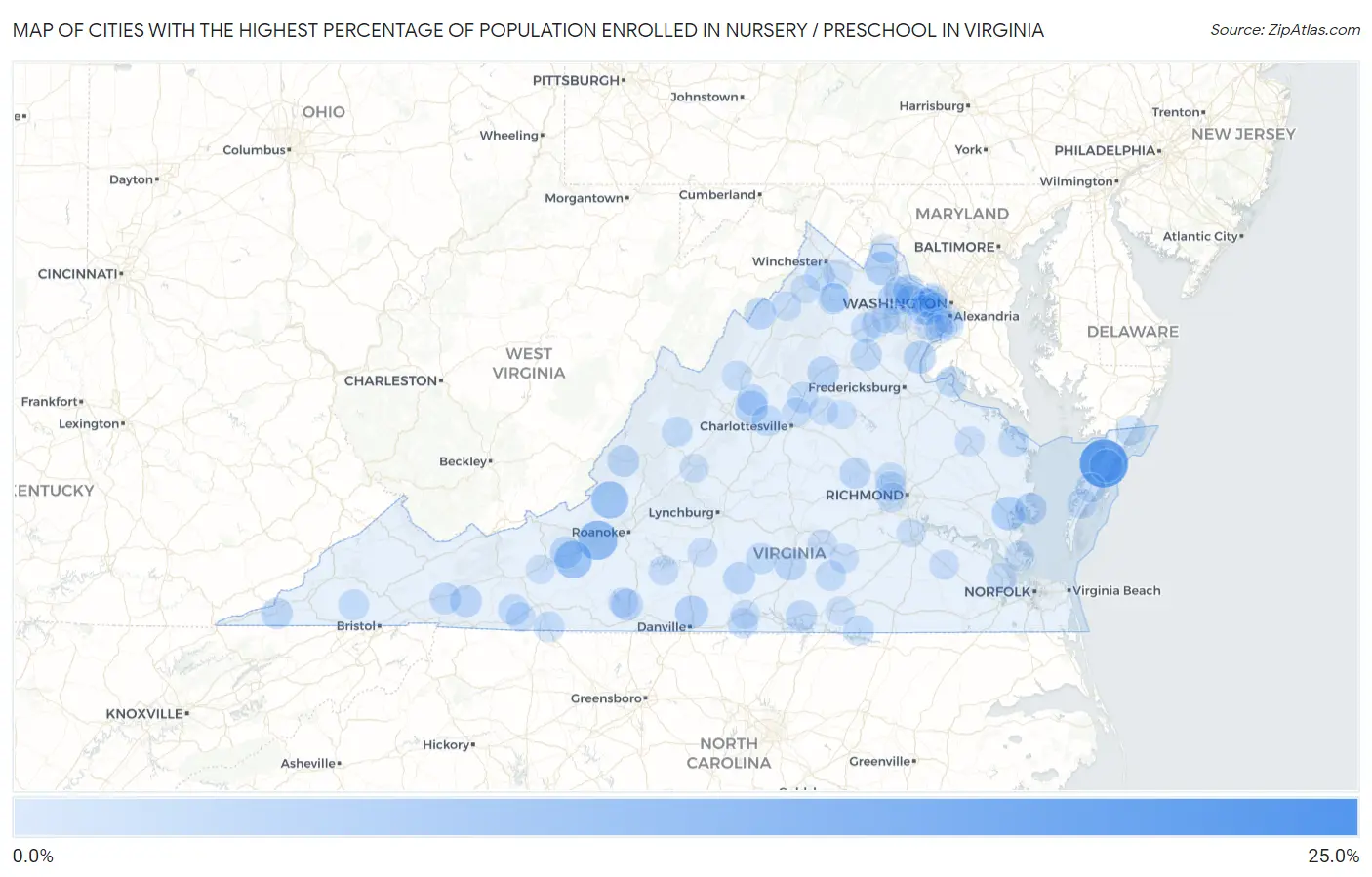 Cities with the Highest Percentage of Population Enrolled in Nursery / Preschool in Virginia Map