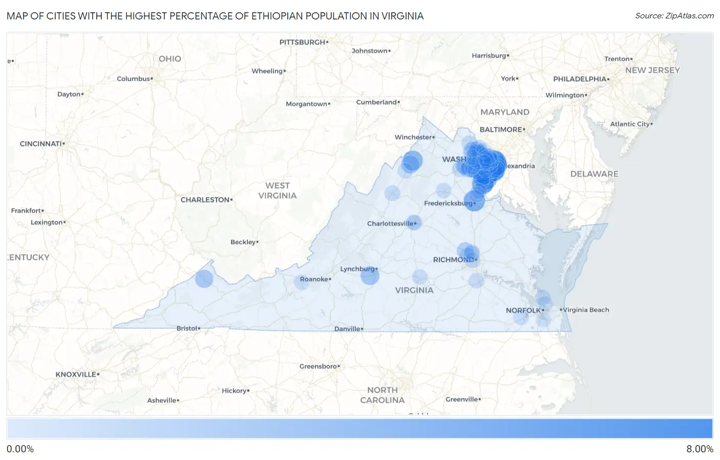 Cities with the Highest Percentage of Ethiopian Population in Virginia Map