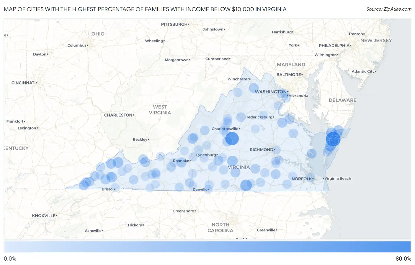 Cities with the Highest Percentage of Families with Income Below $10,000 in Virginia Map