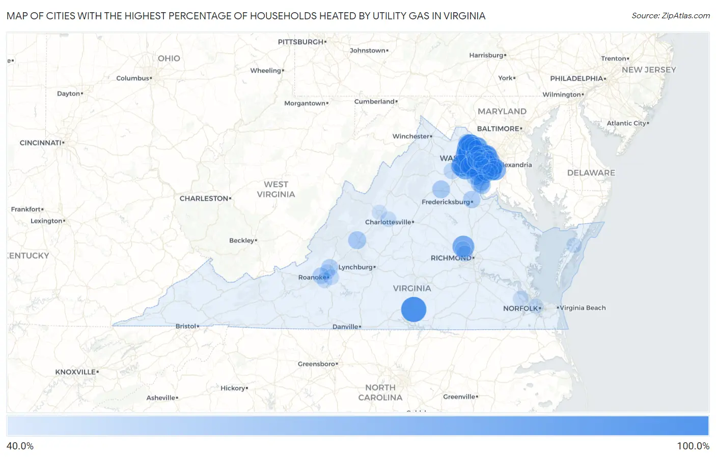 Cities with the Highest Percentage of Households Heated by Utility Gas in Virginia Map