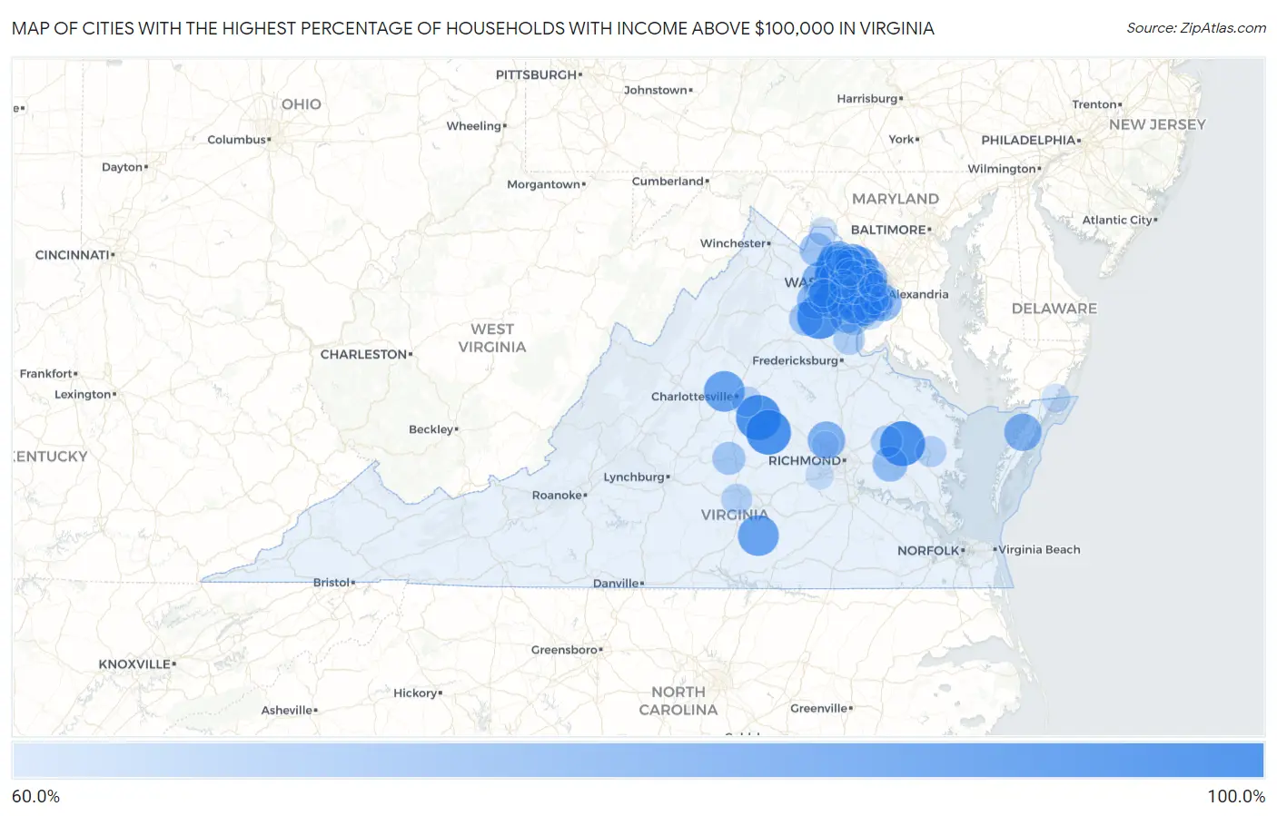 Cities with the Highest Percentage of Households with Income Above $100,000 in Virginia Map