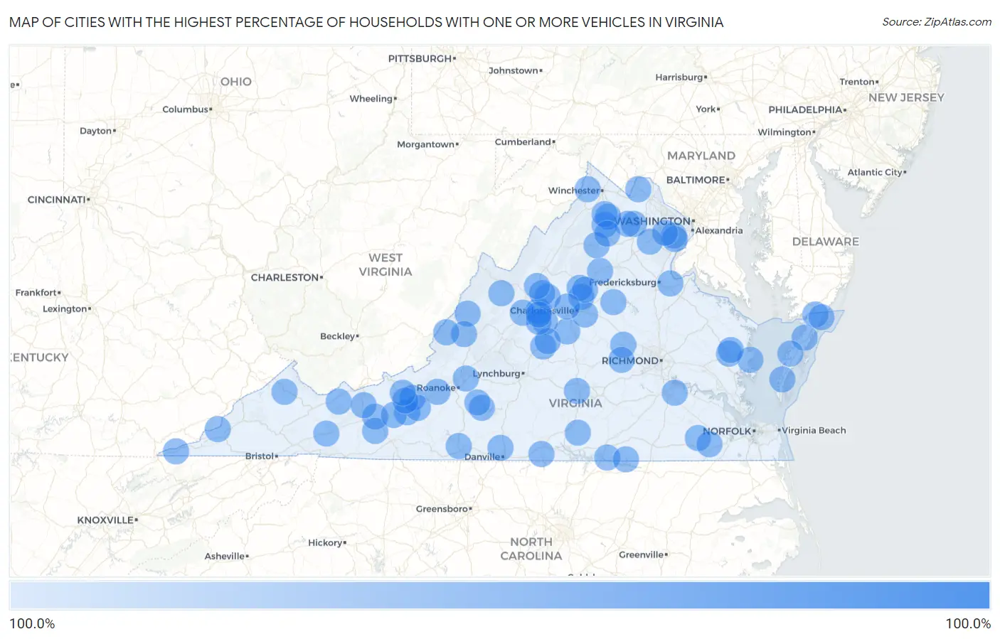 Cities with the Highest Percentage of Households With One or more Vehicles in Virginia Map