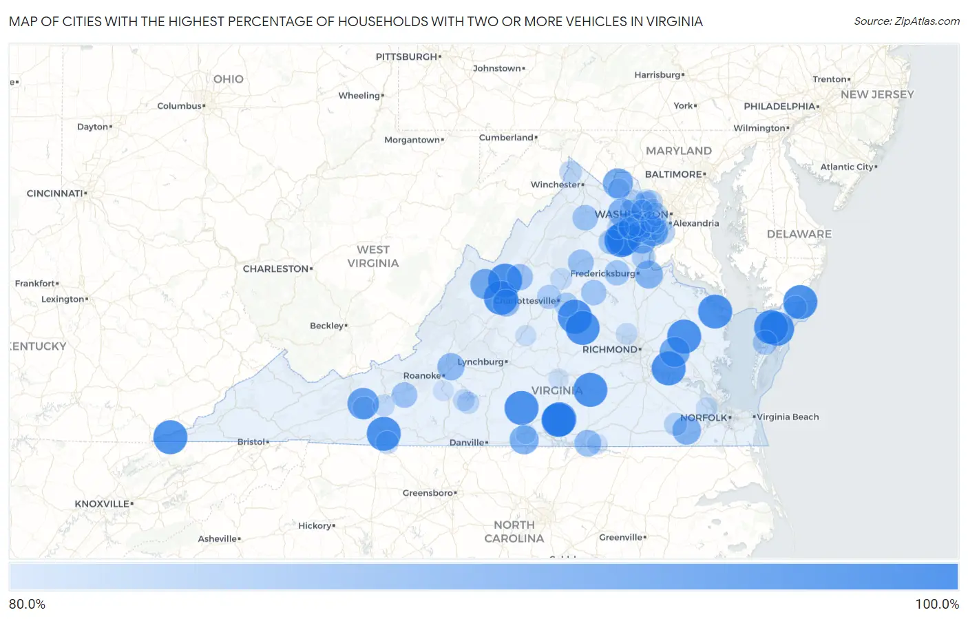 Cities with the Highest Percentage of Households With Two or more Vehicles in Virginia Map