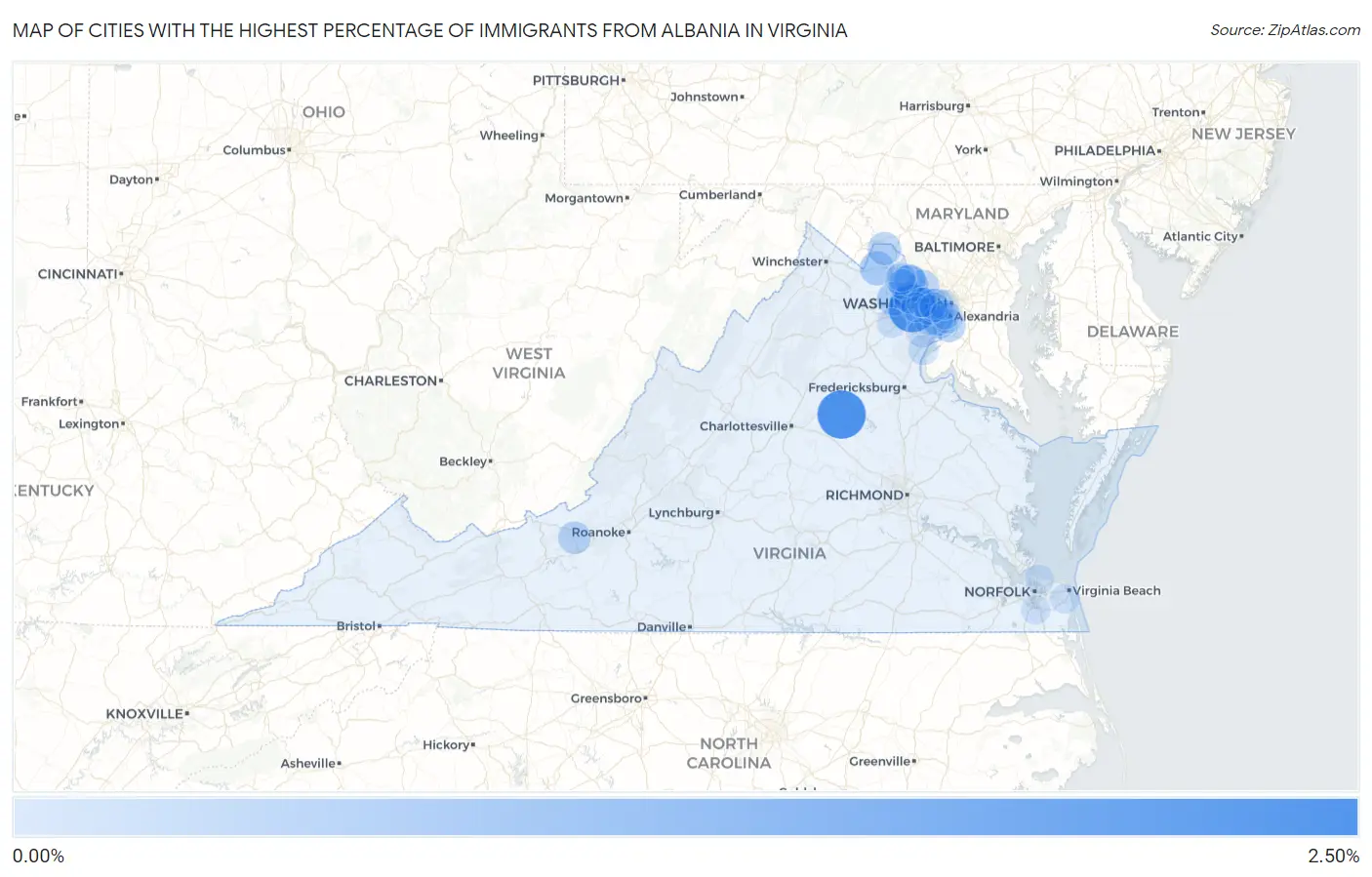 Cities with the Highest Percentage of Immigrants from Albania in Virginia Map