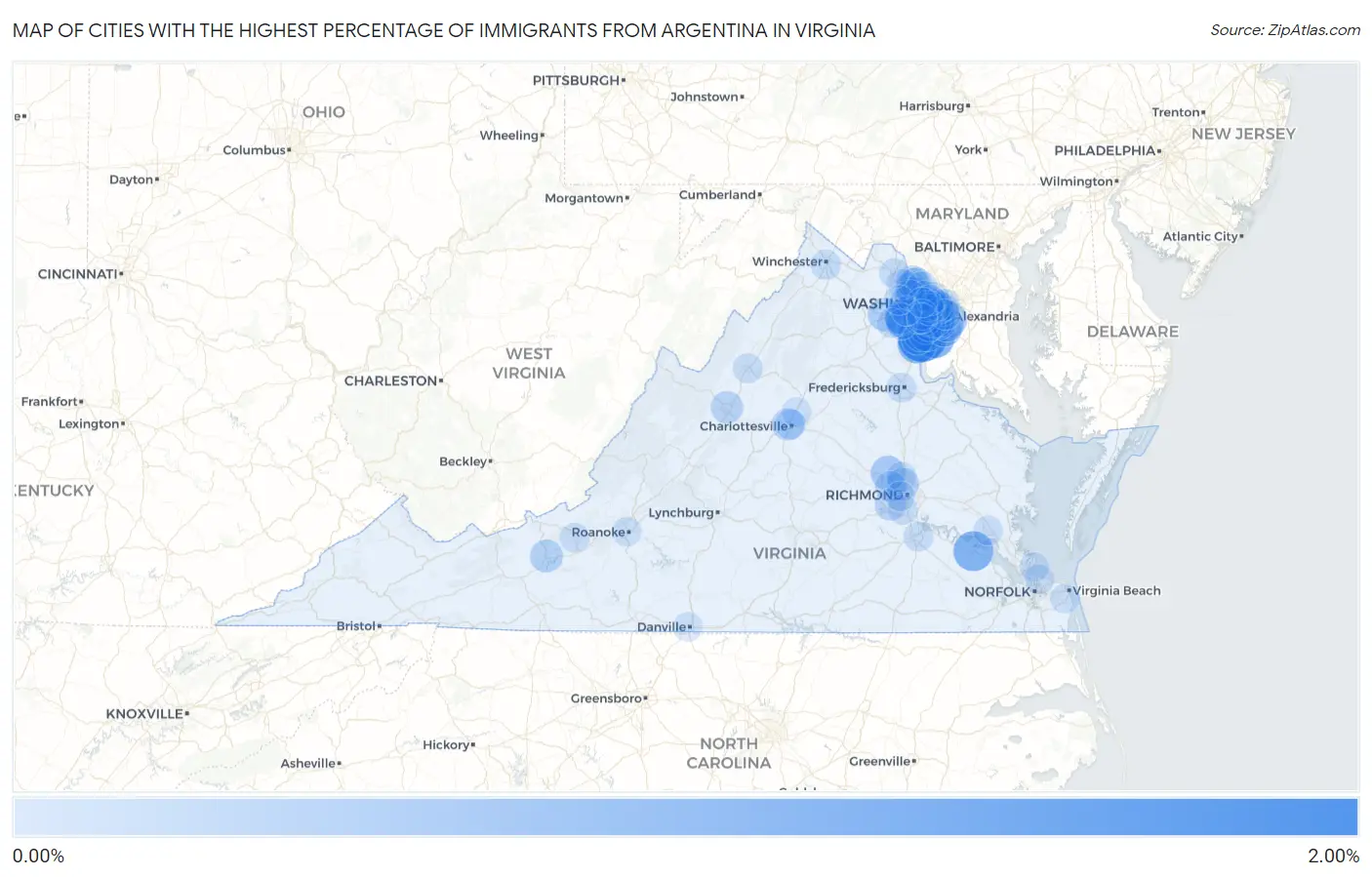 Cities with the Highest Percentage of Immigrants from Argentina in Virginia Map
