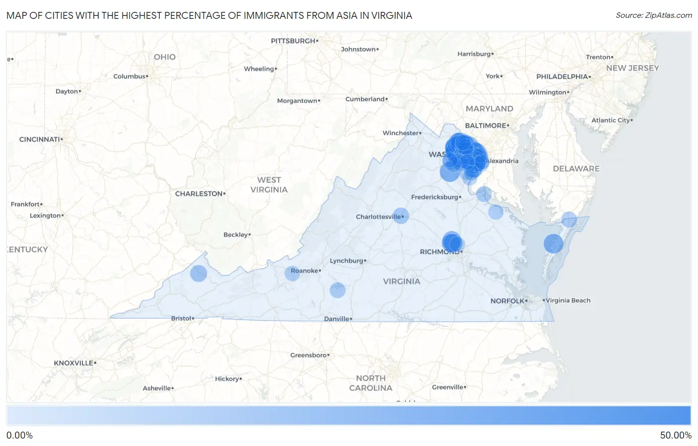 Cities with the Highest Percentage of Immigrants from Asia in Virginia Map