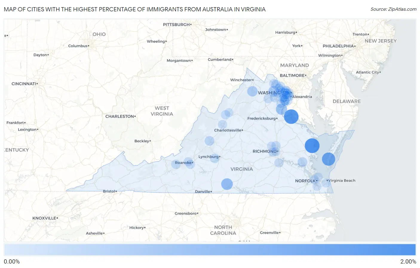 Cities with the Highest Percentage of Immigrants from Australia in Virginia Map