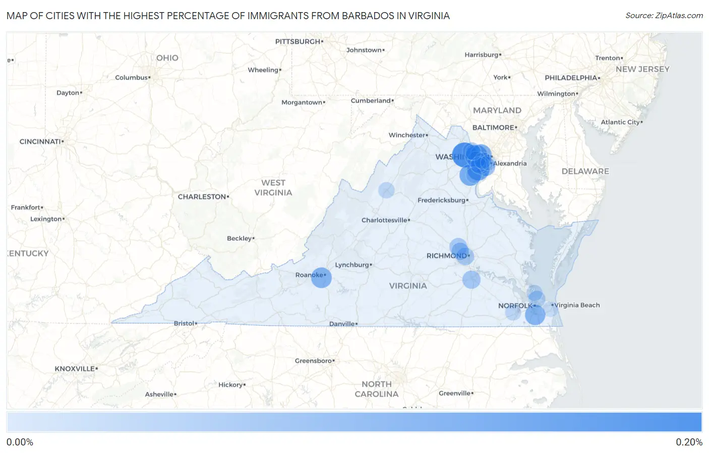 Cities with the Highest Percentage of Immigrants from Barbados in Virginia Map