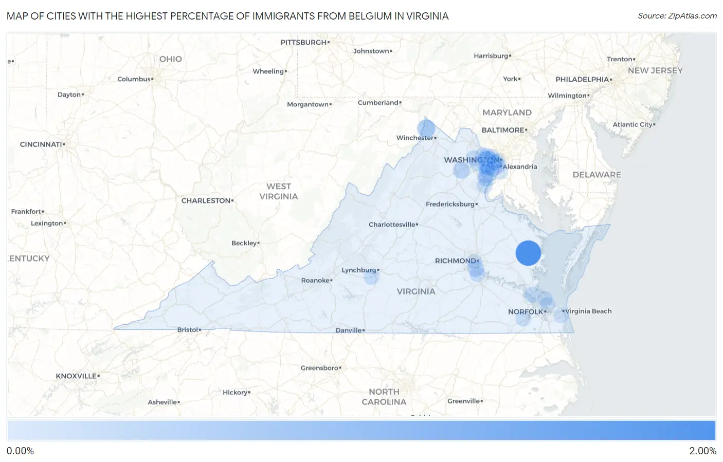 Cities with the Highest Percentage of Immigrants from Belgium in Virginia Map
