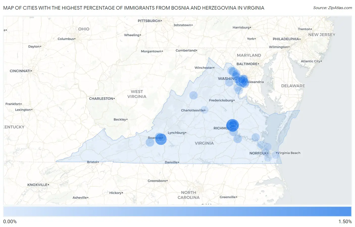 Cities with the Highest Percentage of Immigrants from Bosnia and Herzegovina in Virginia Map