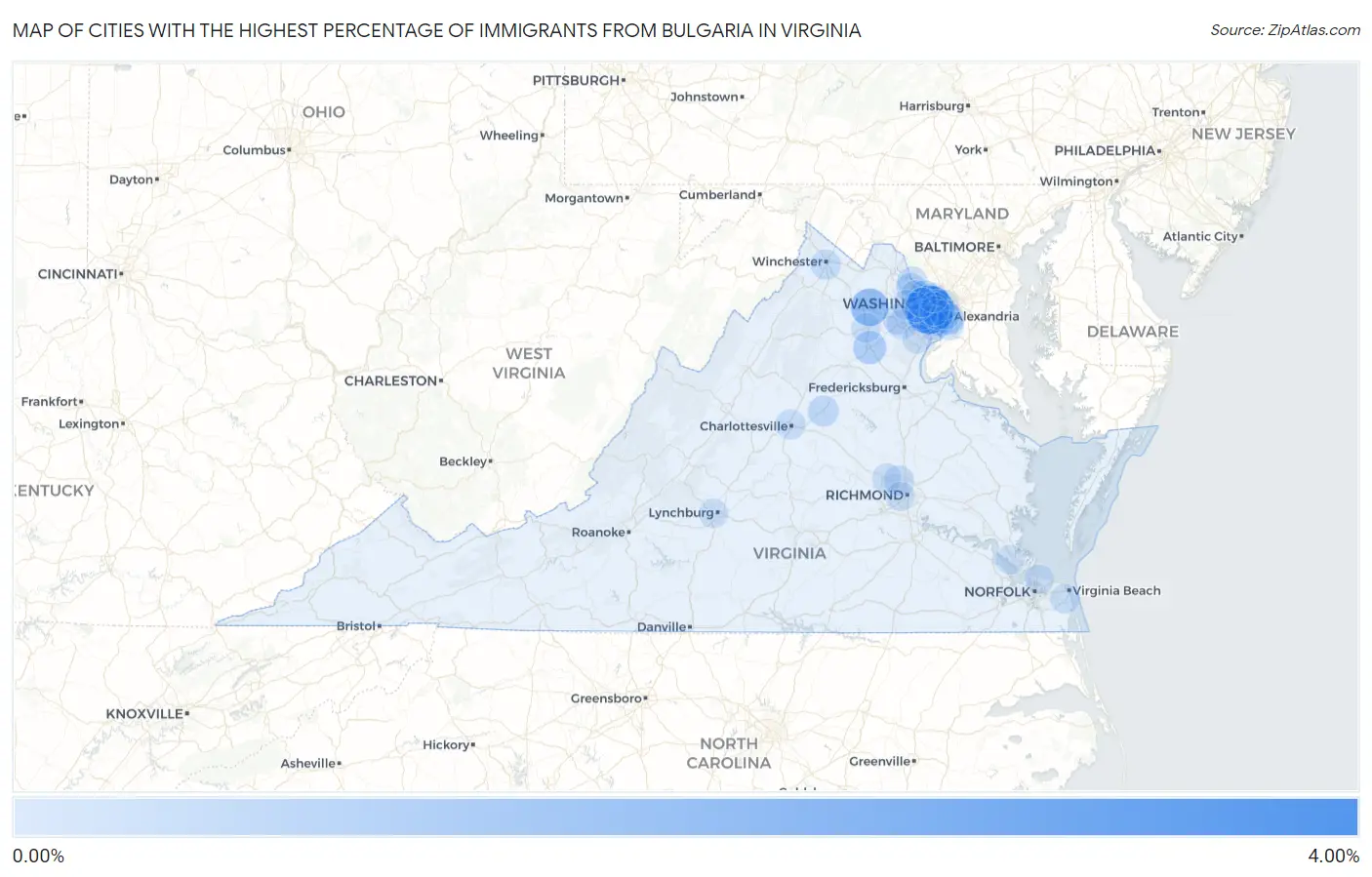 Cities with the Highest Percentage of Immigrants from Bulgaria in Virginia Map