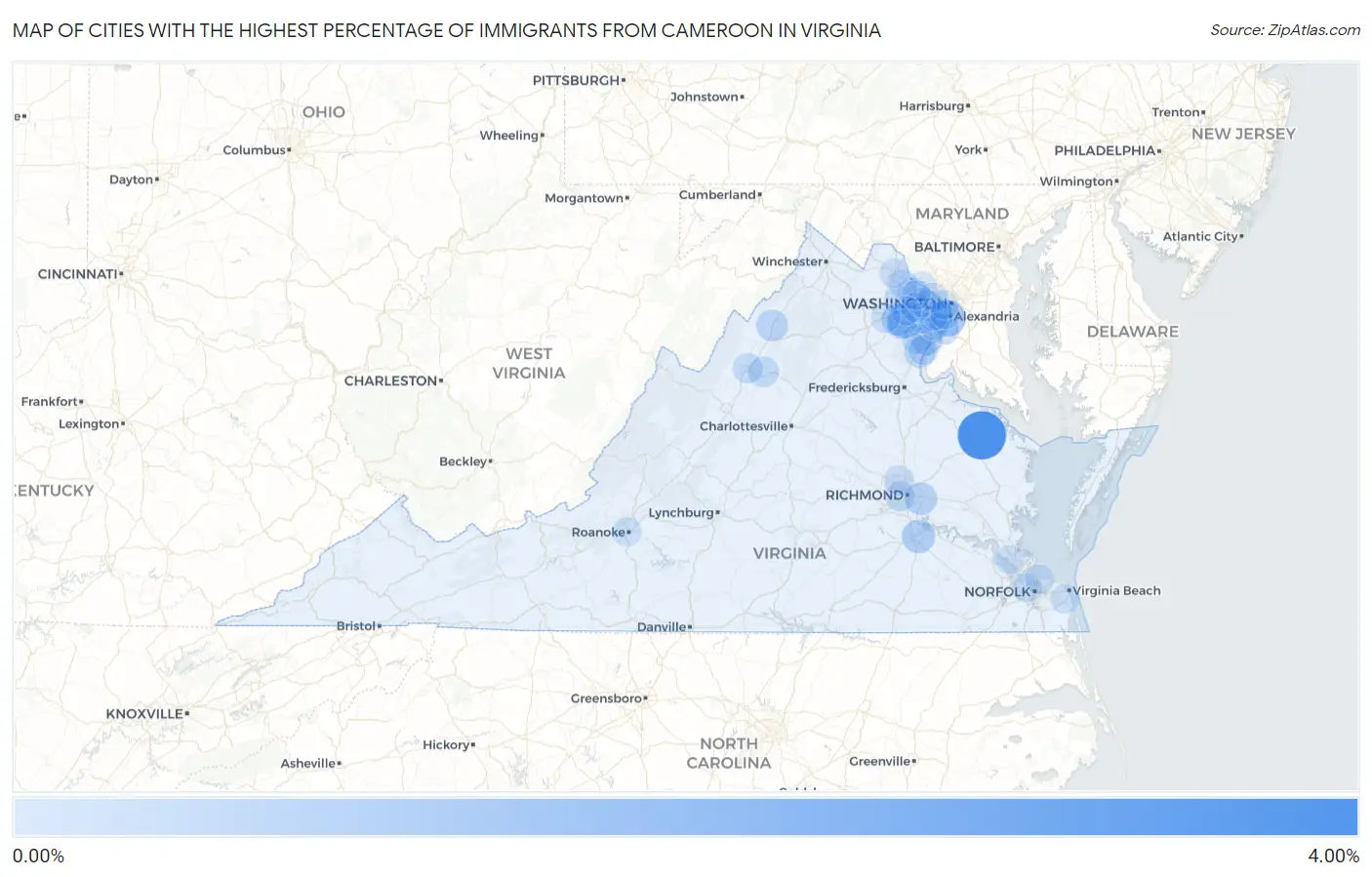 Cities with the Highest Percentage of Immigrants from Cameroon in Virginia Map