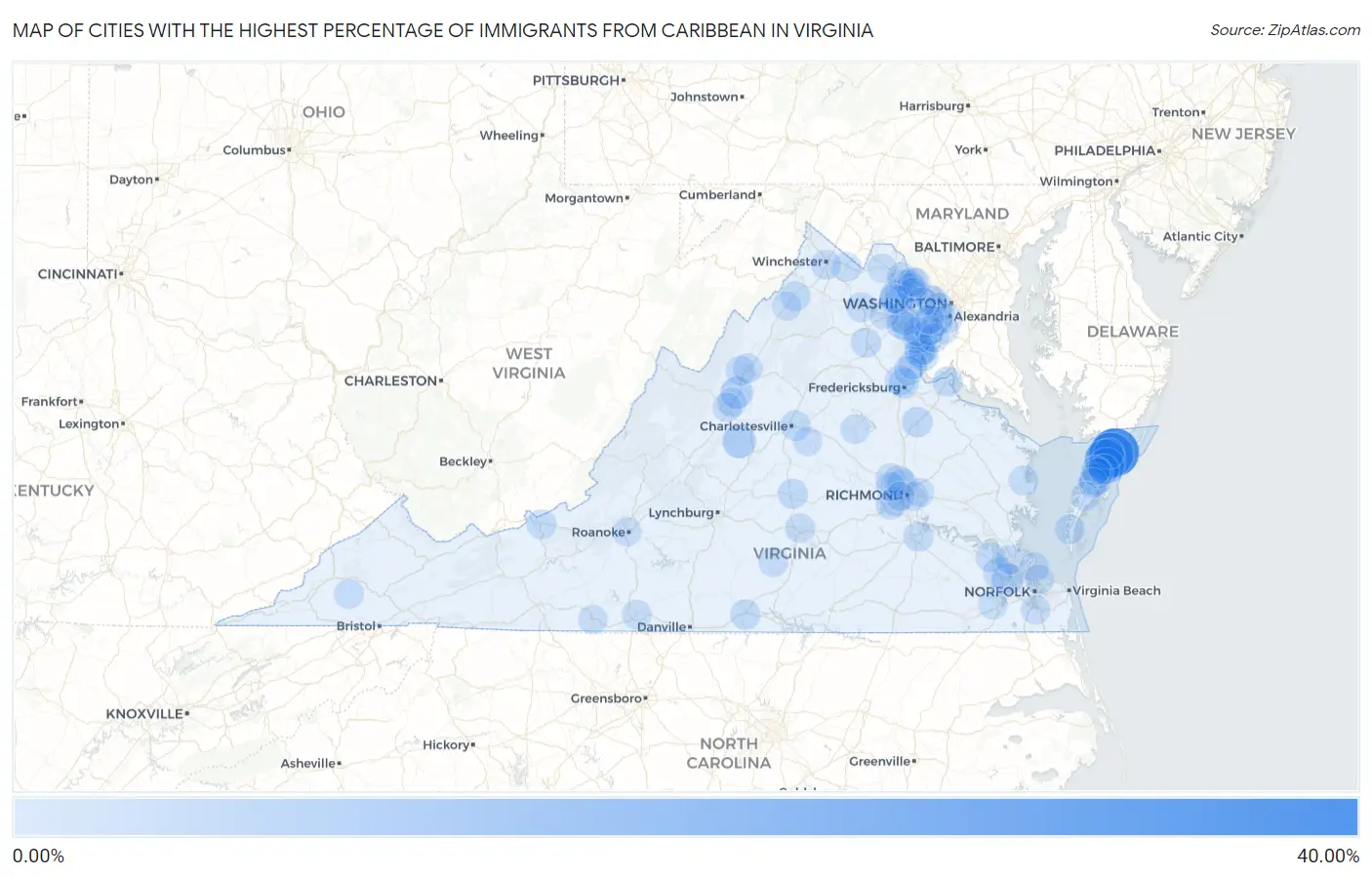 Cities with the Highest Percentage of Immigrants from Caribbean in Virginia Map