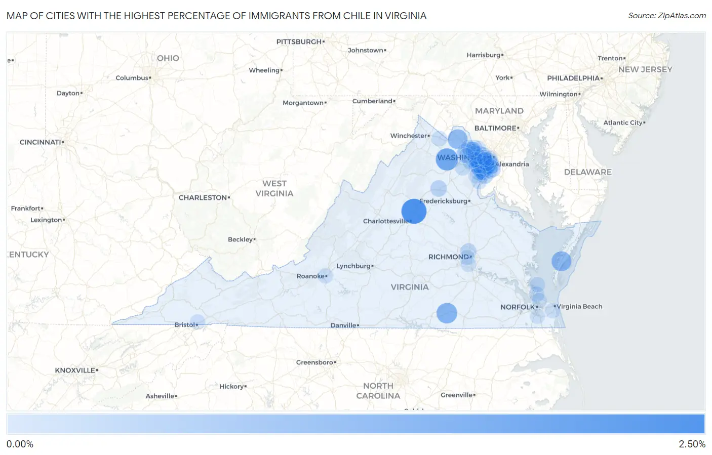 Cities with the Highest Percentage of Immigrants from Chile in Virginia Map
